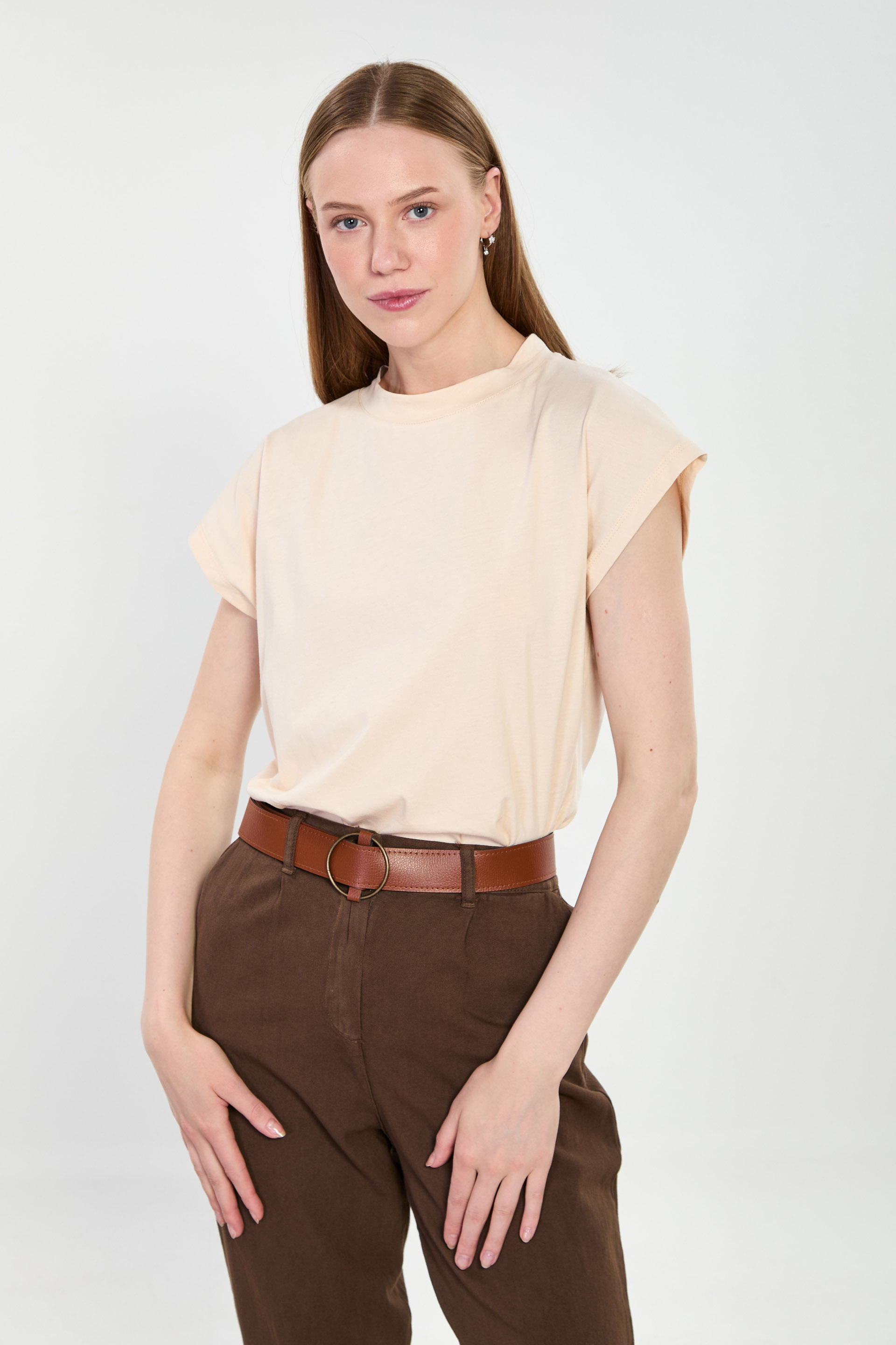 Kadın Düşük Kol Basic T-Shirt - Taş