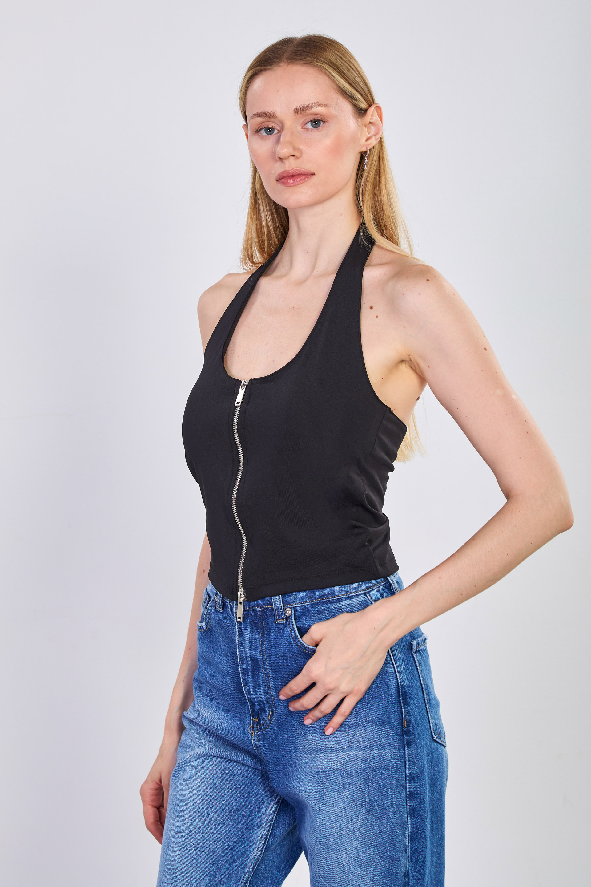 Kadın Çift Fermuarlı Boyundan Geçmeli Body - Siyah