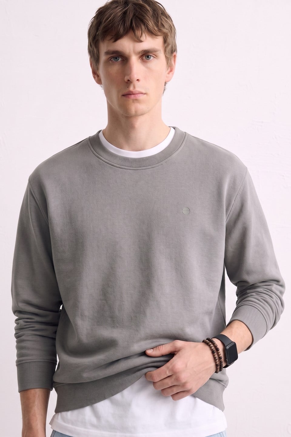 Erkek Göğüs Baskı Detaylı Uzun Kollu Sweatshirt - Açık Gri