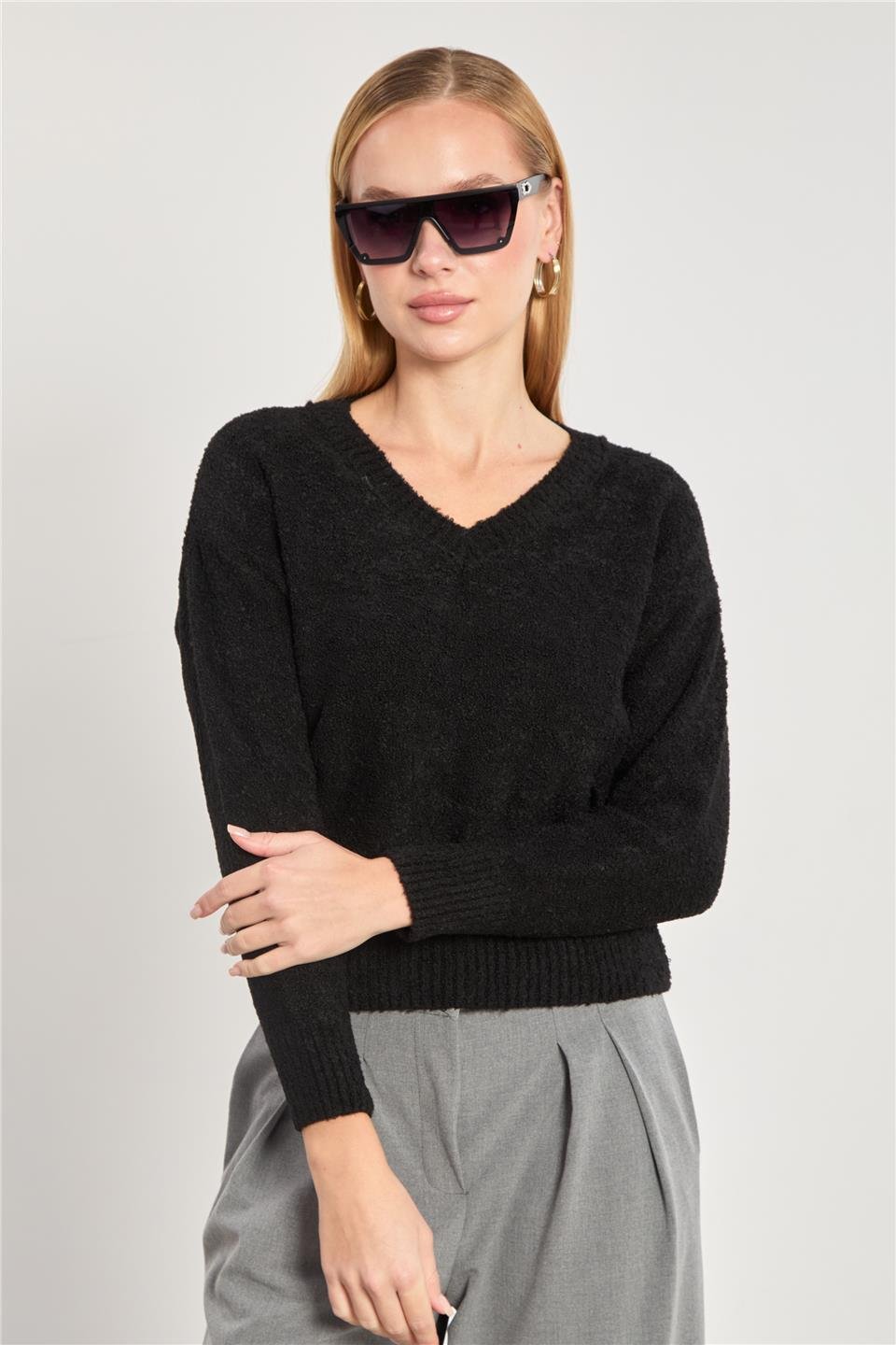 Kadın V Yaka Buklet Kazak - Siyah