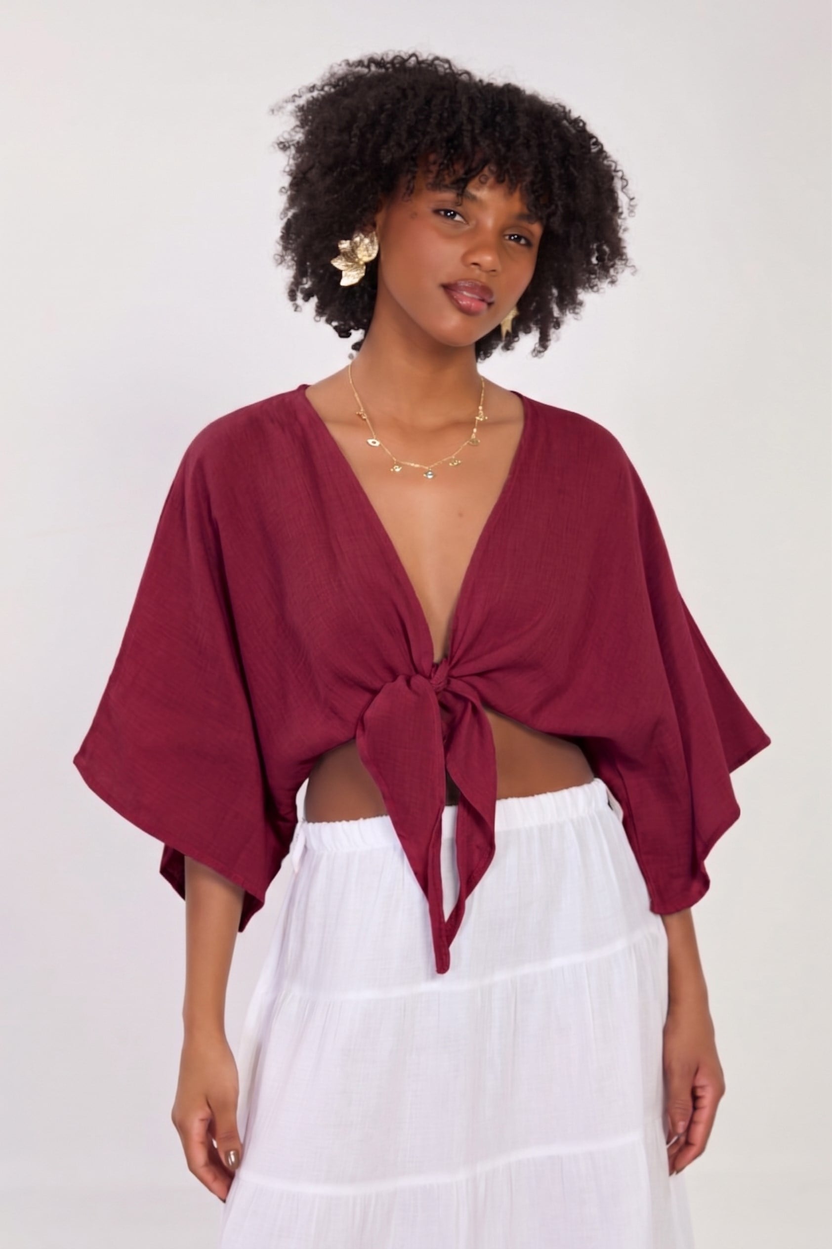 Kadın Önü Bağlamalı Crop Bluz - Bordo