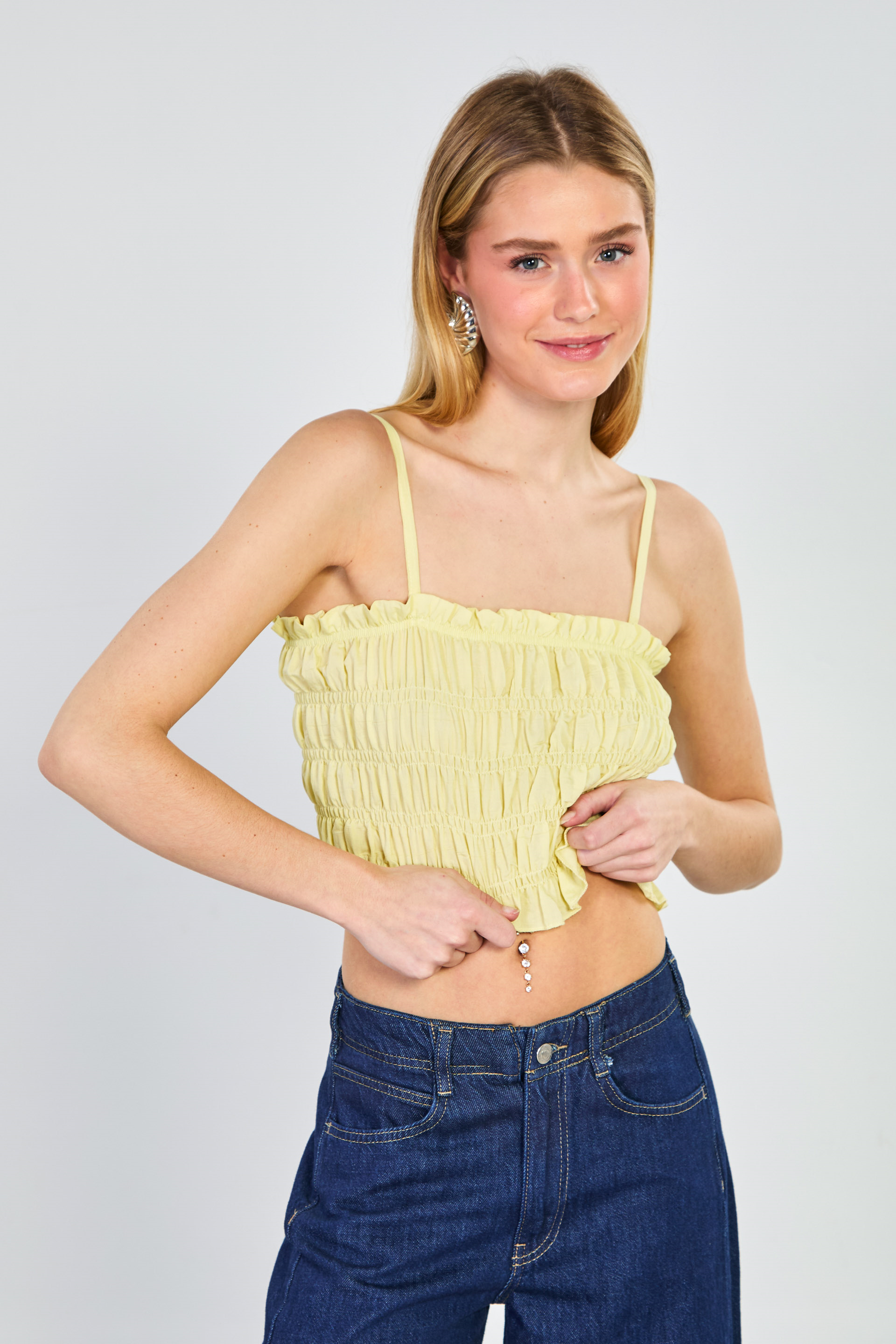 Kadın Gipeli Askılı Crop Bluz - Sarı