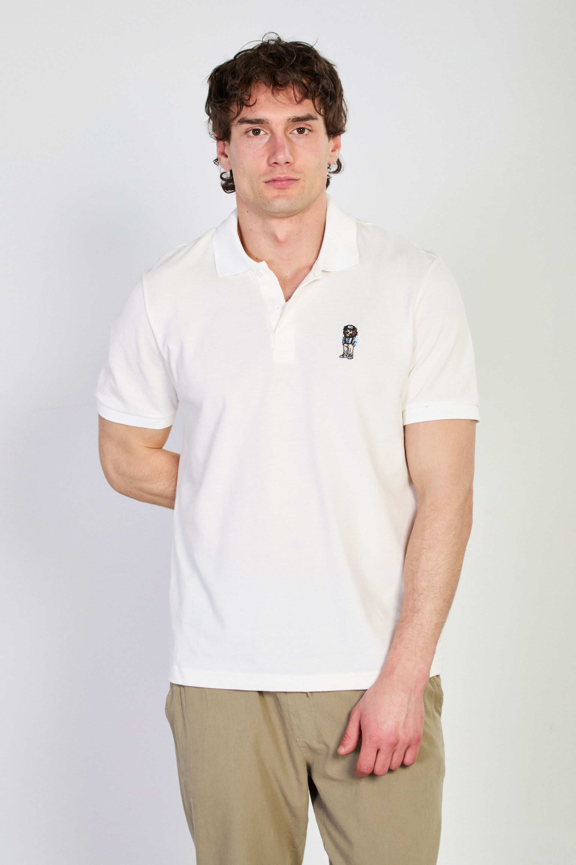 Erkek Aslan Nakışlı Polo Yaka T-Shirt - Beyaz