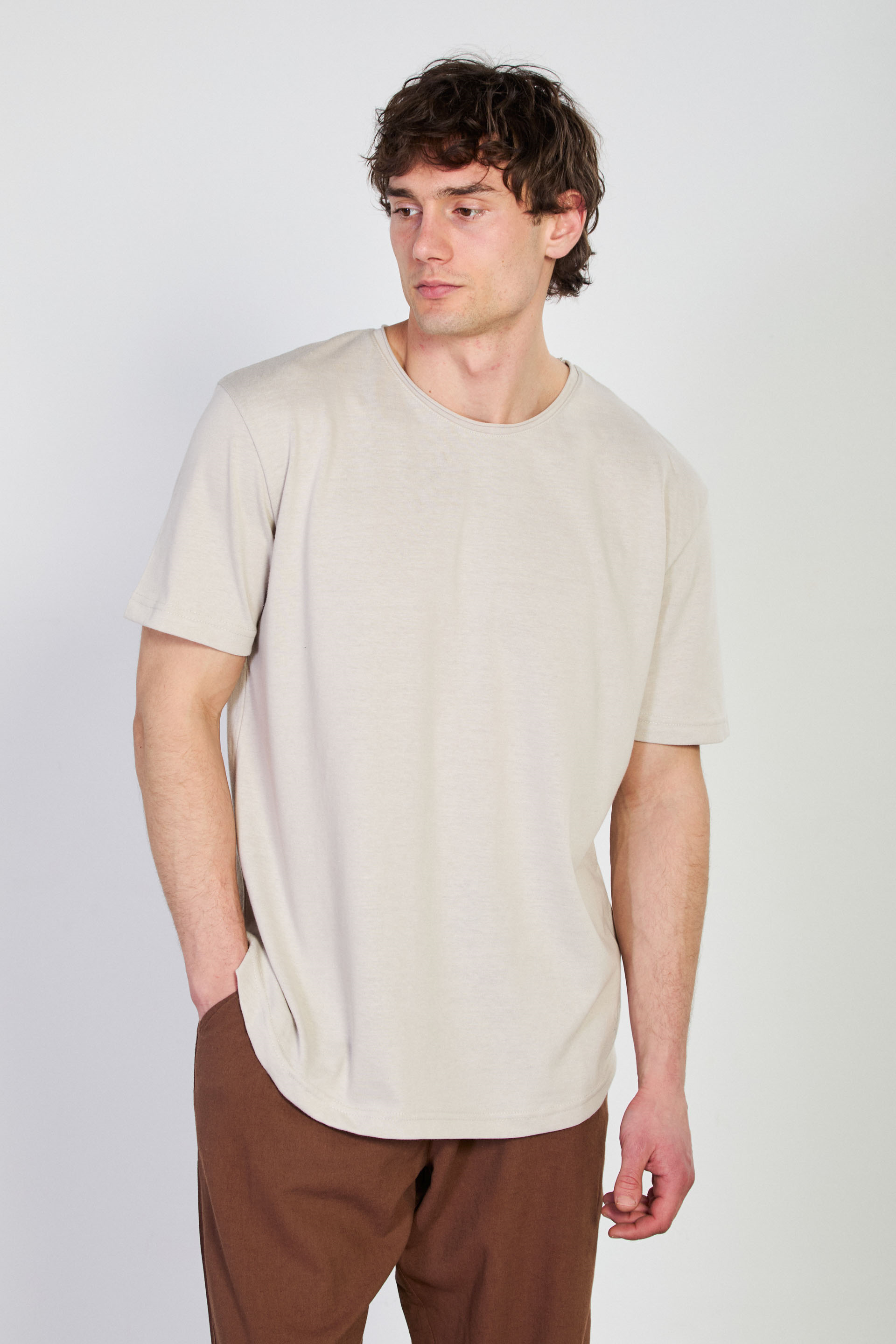 Erkek Etek Ucu Baskılı Bisiklet Yaka T-Shirt - Taş