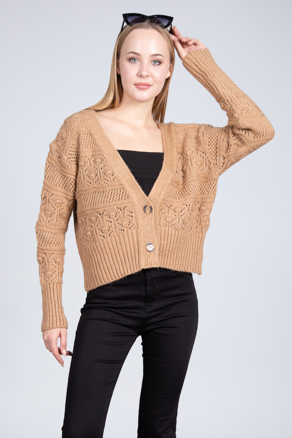 2 düğmeli triko hırka-4053 Camel