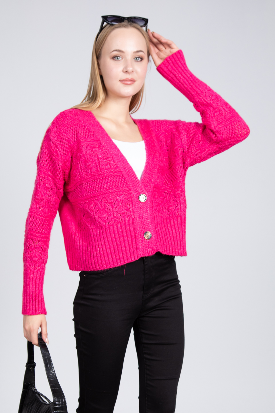 2 düğmeli triko hırka-4053 Fuşya