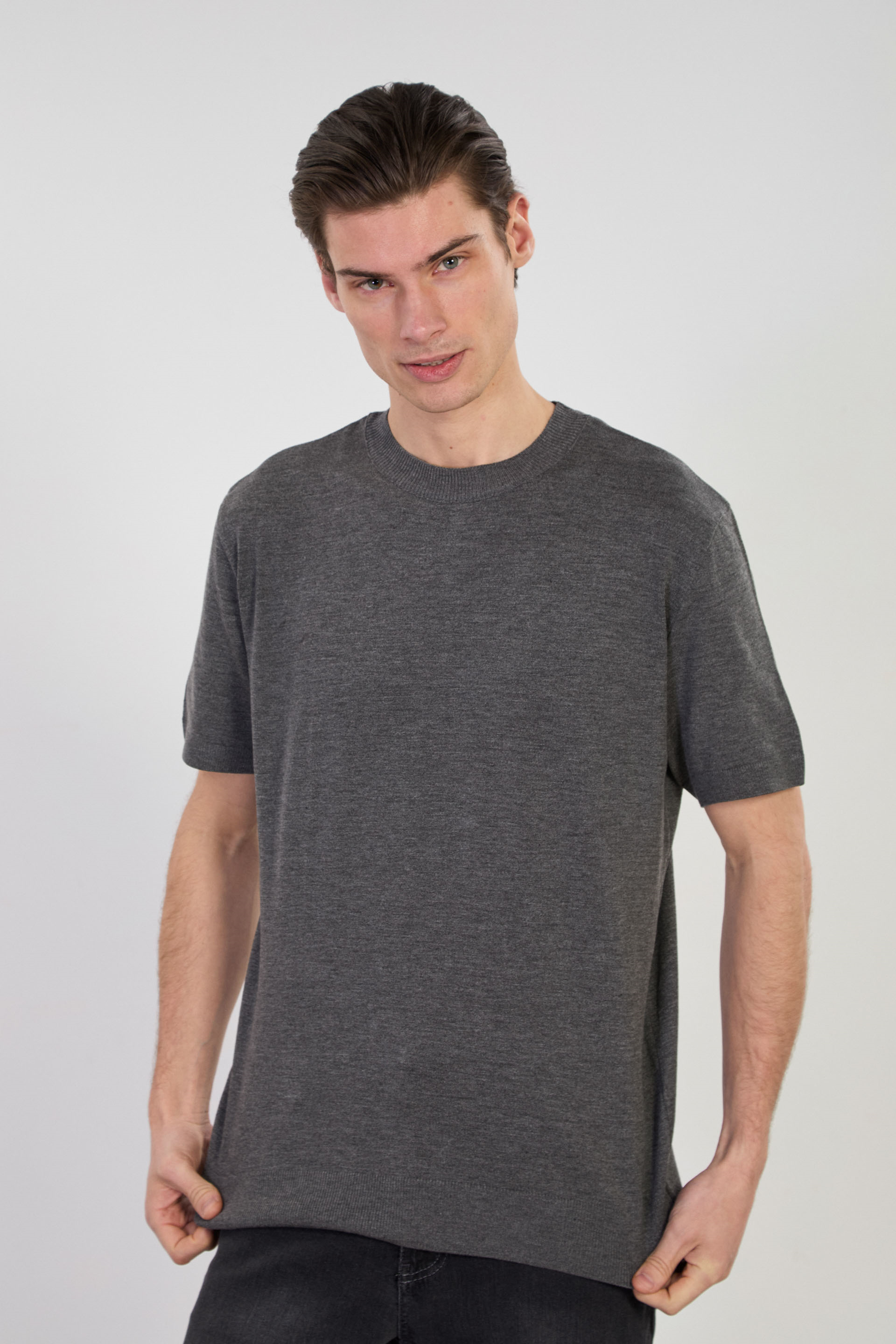 Erkek Dik Yaka Triko T-Shirt - Antrasit