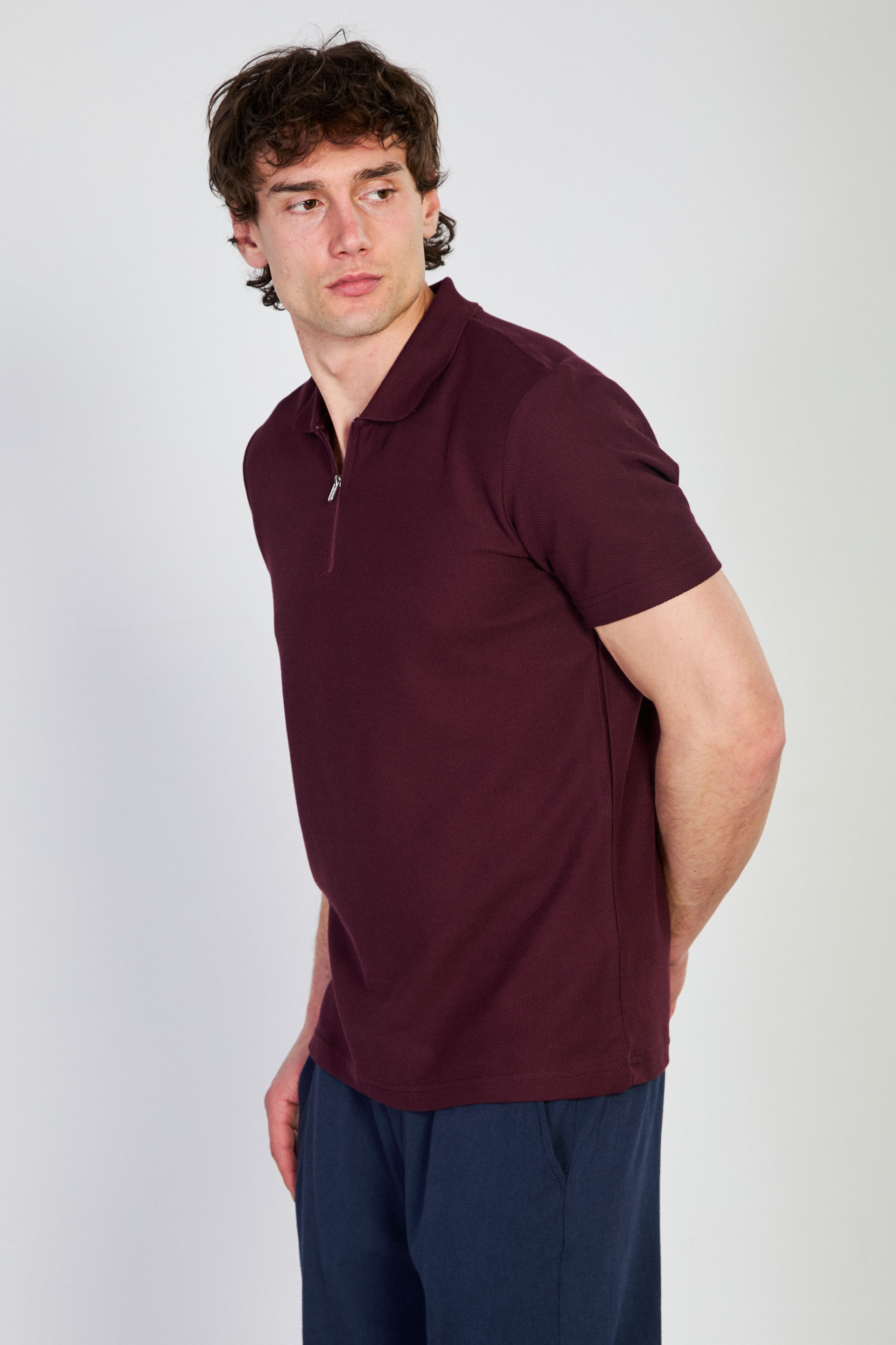 Erkek Fermuarlı Polo Yaka T-Shirt - Vişne