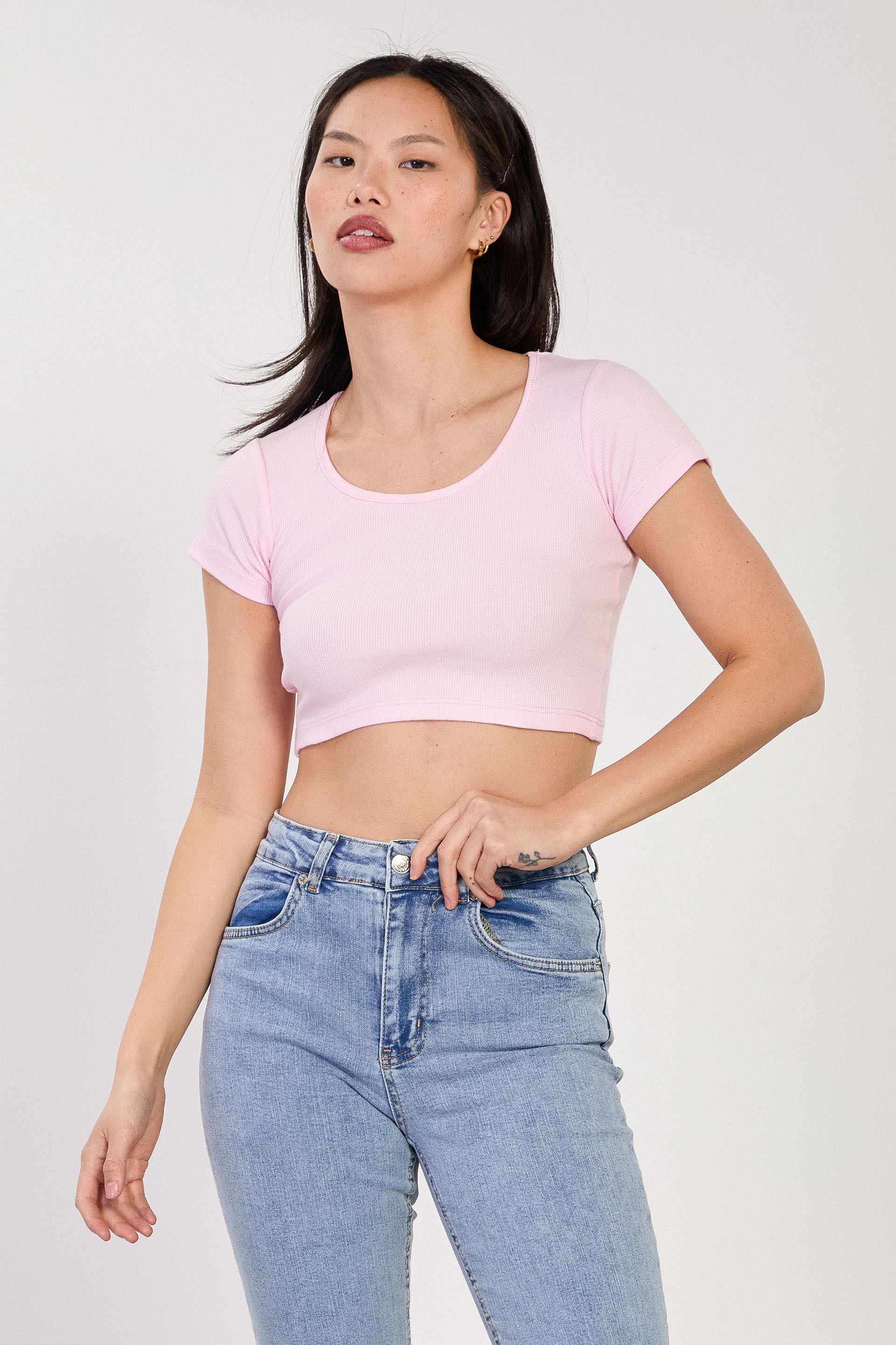 Kadın Derin Yaka Fitilli Body - Pembe