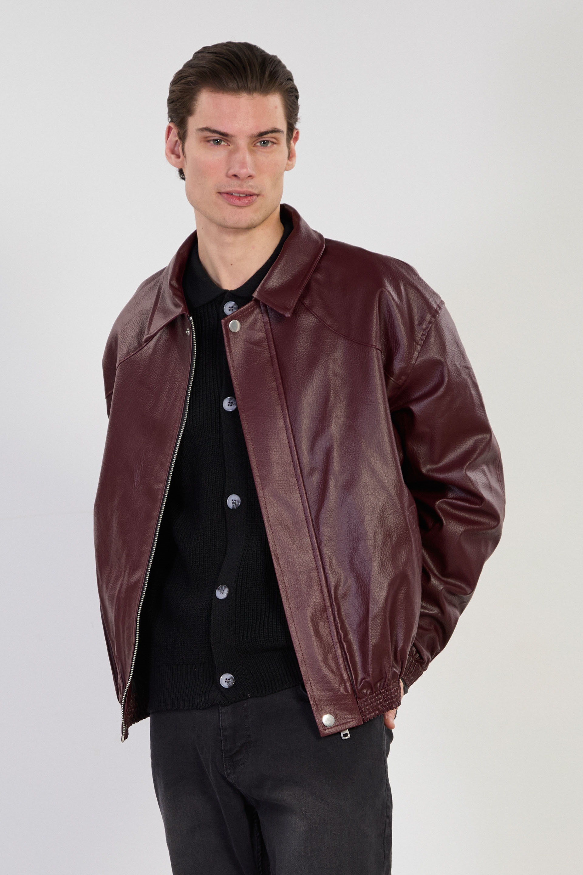 Erkek Çift Cep Detaylı Bomber Deri Mont - Mürdüm