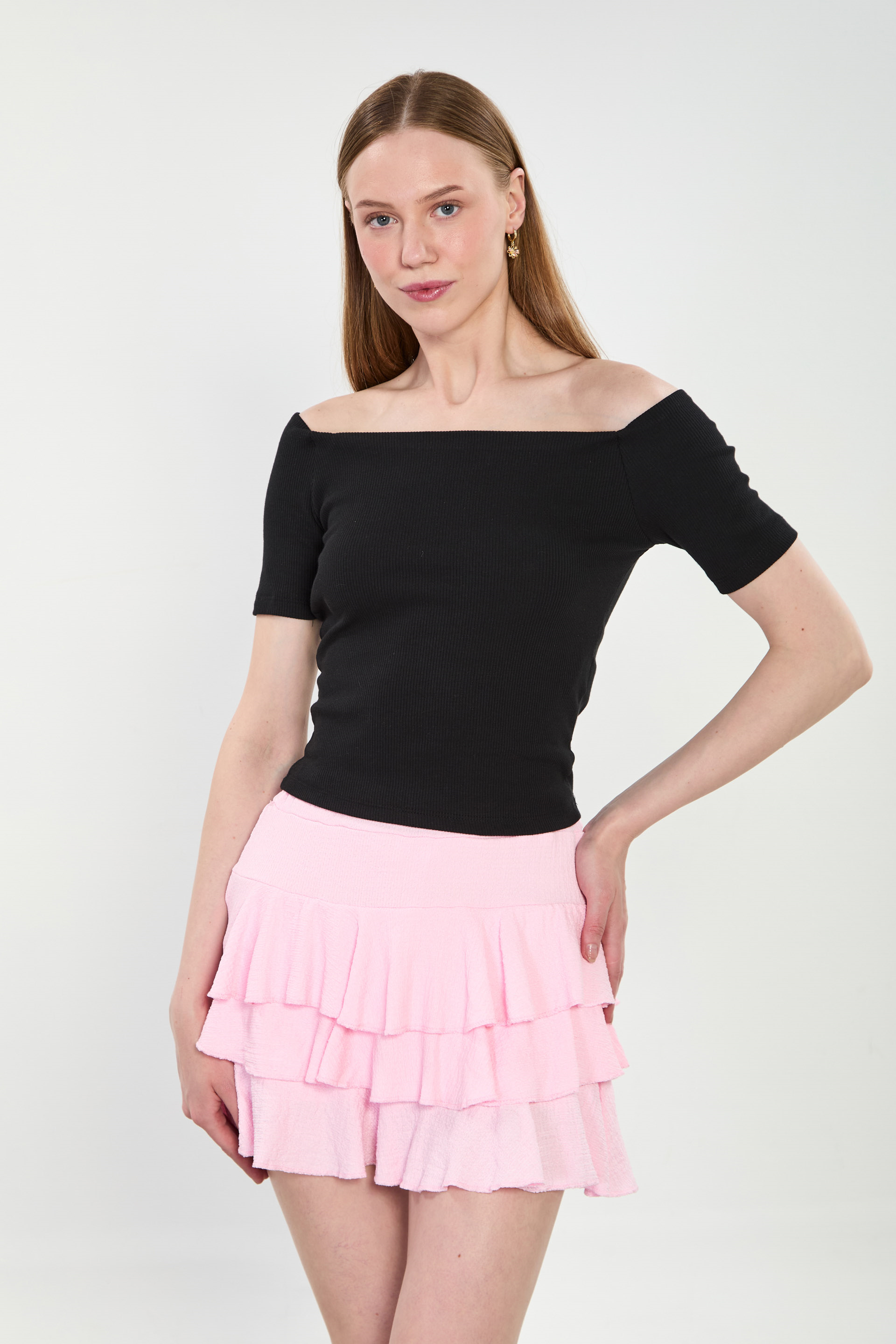 Kadın Kayık Yaka Kısa Kol Body - Siyah