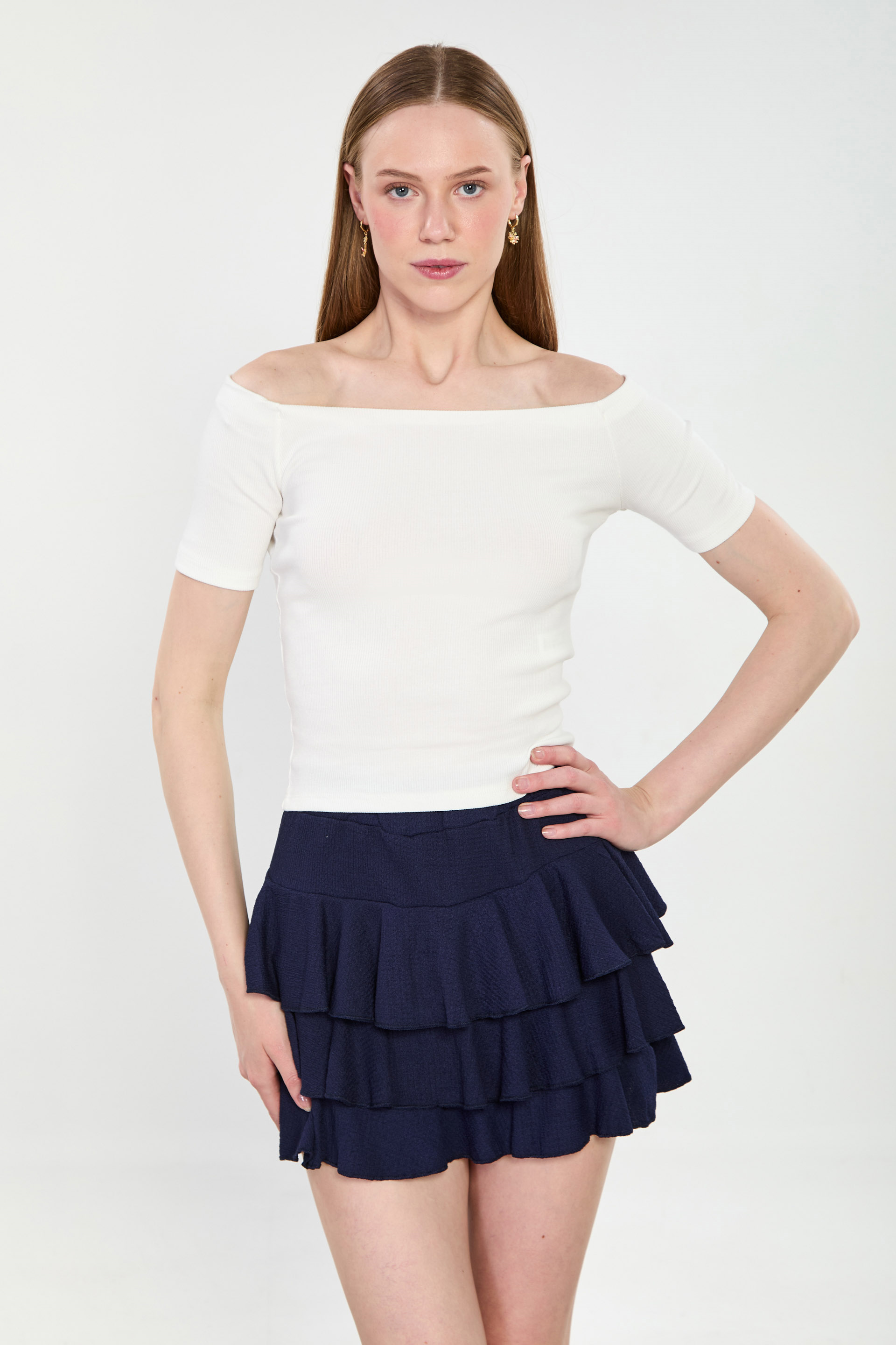 Kadın Kayık Yaka Kısa Kol Body - Ekru