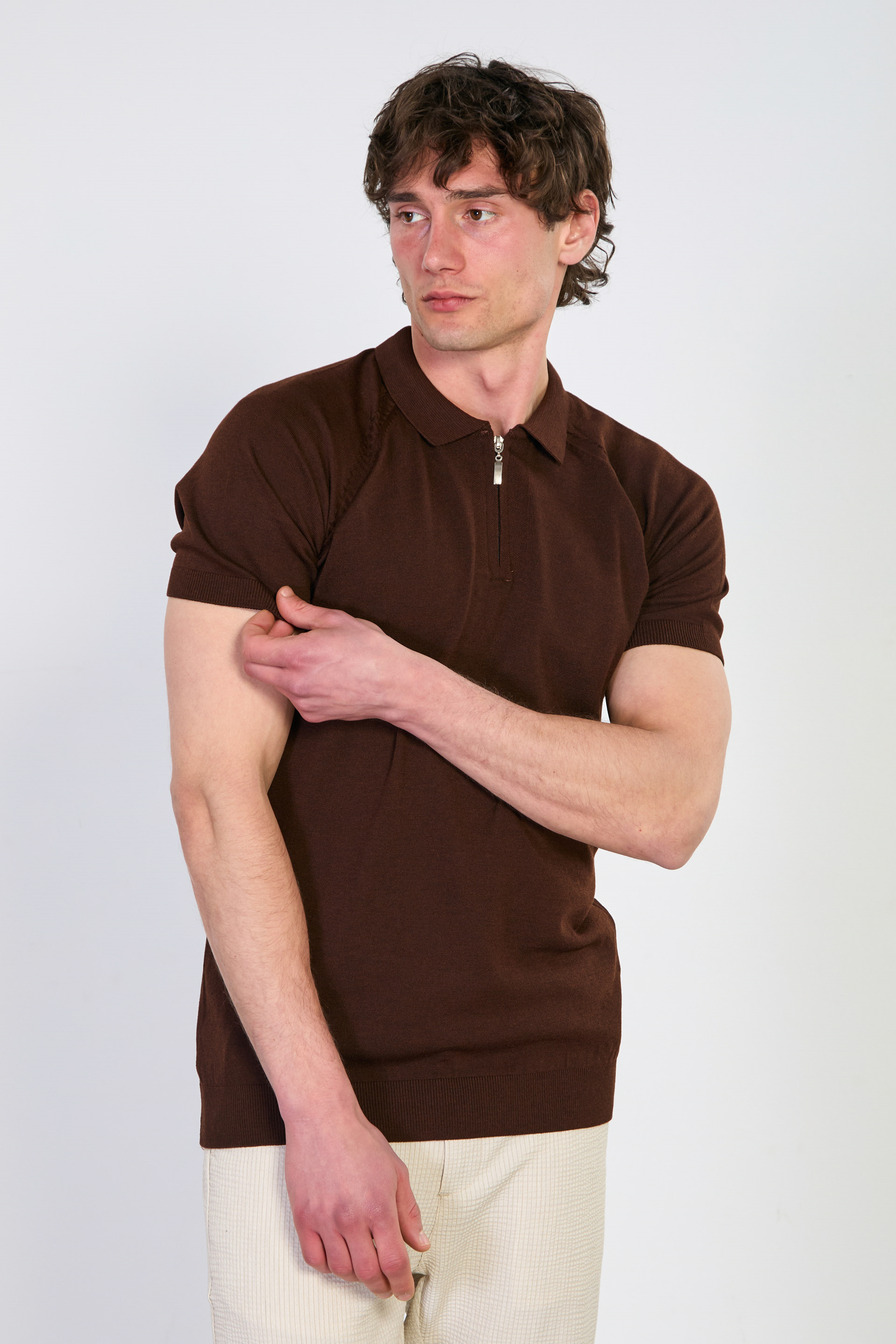 Erkek Yarım Fermuarlı Polo Yaka Triko T-Shirt - Kahve