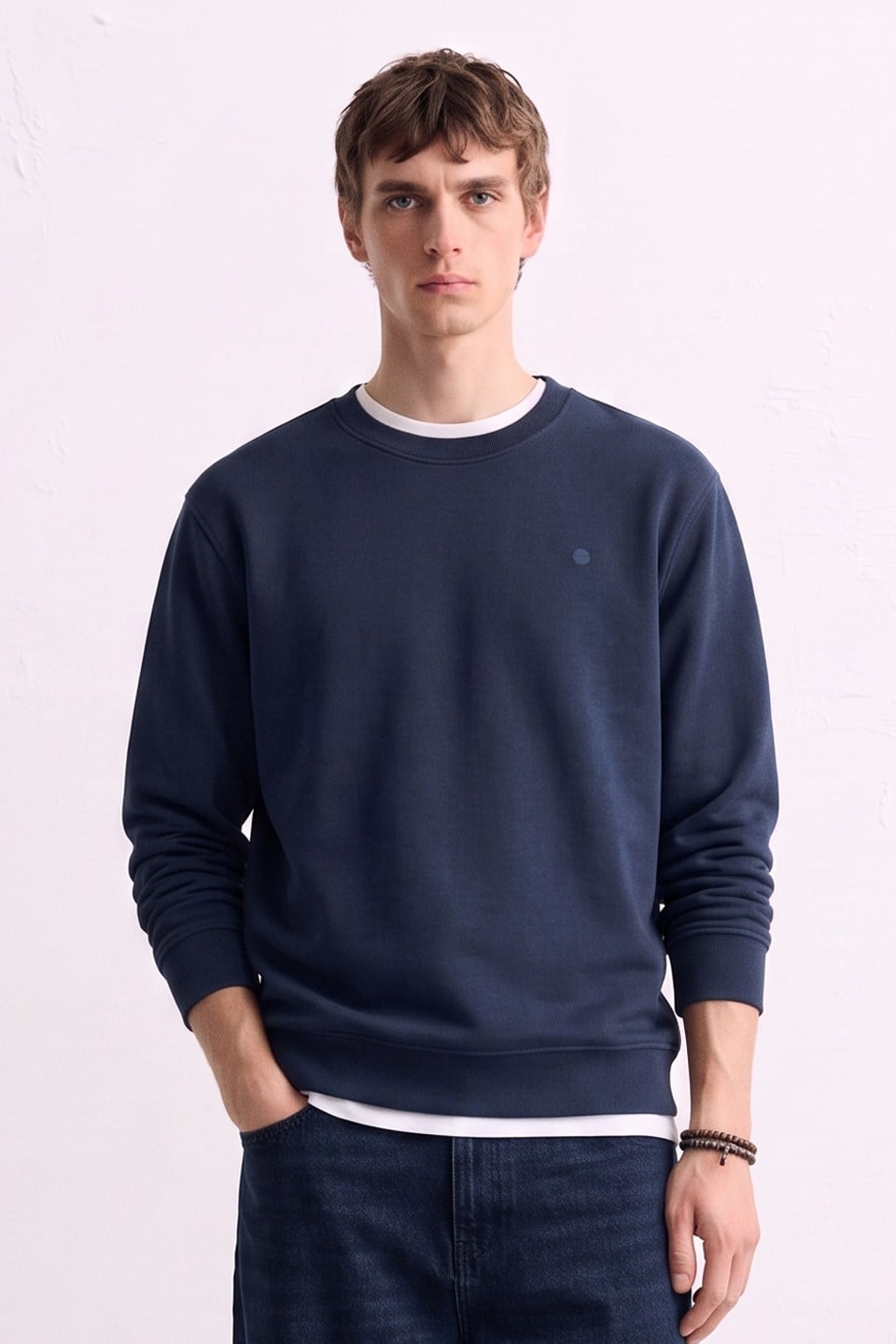 Erkek Göğüs Baskı Detaylı Uzun Kollu Sweatshirt - İndigo
