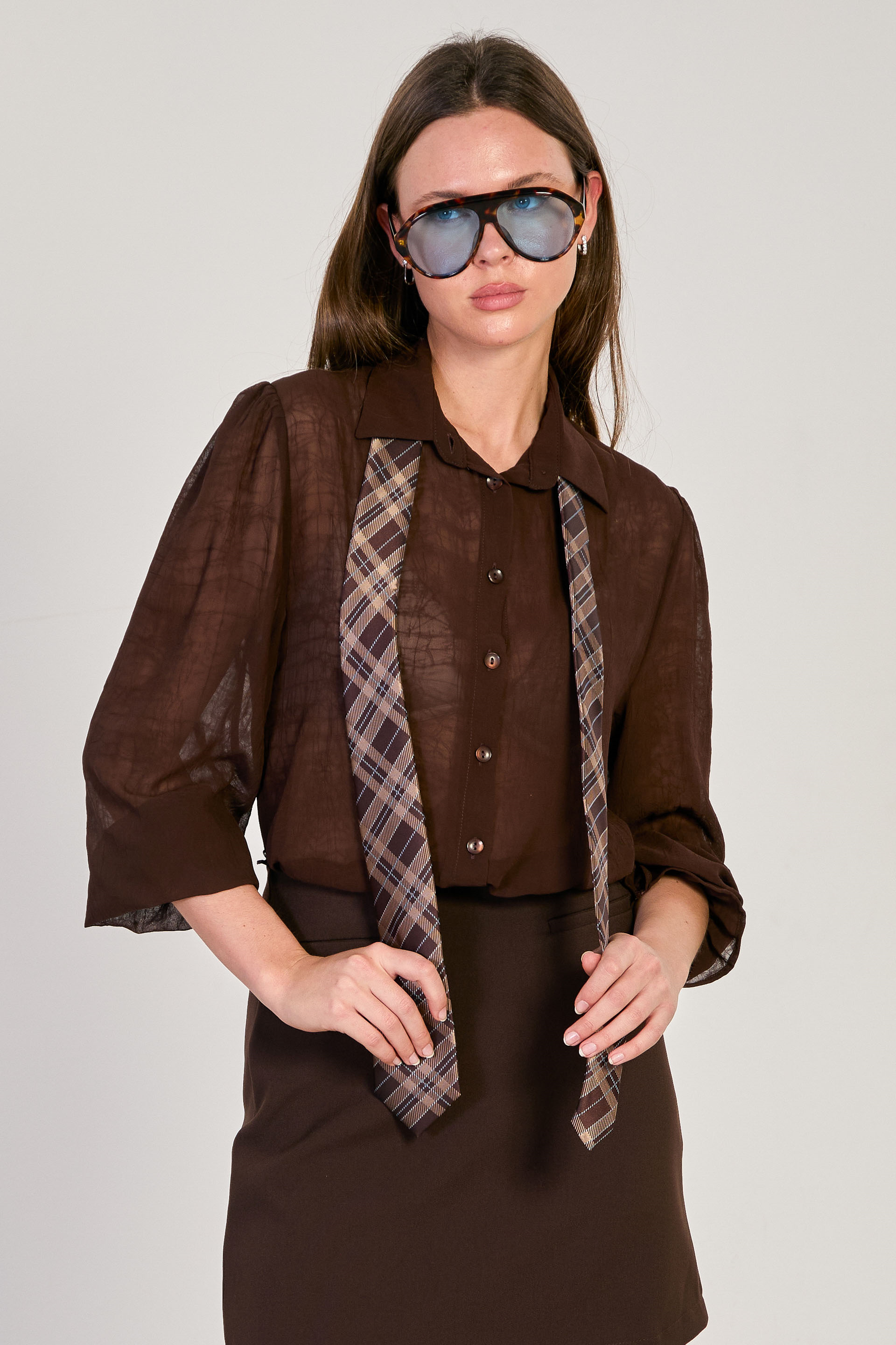 Kadın Dokulu Uzun Kollu Gömlek - Acı Kahve