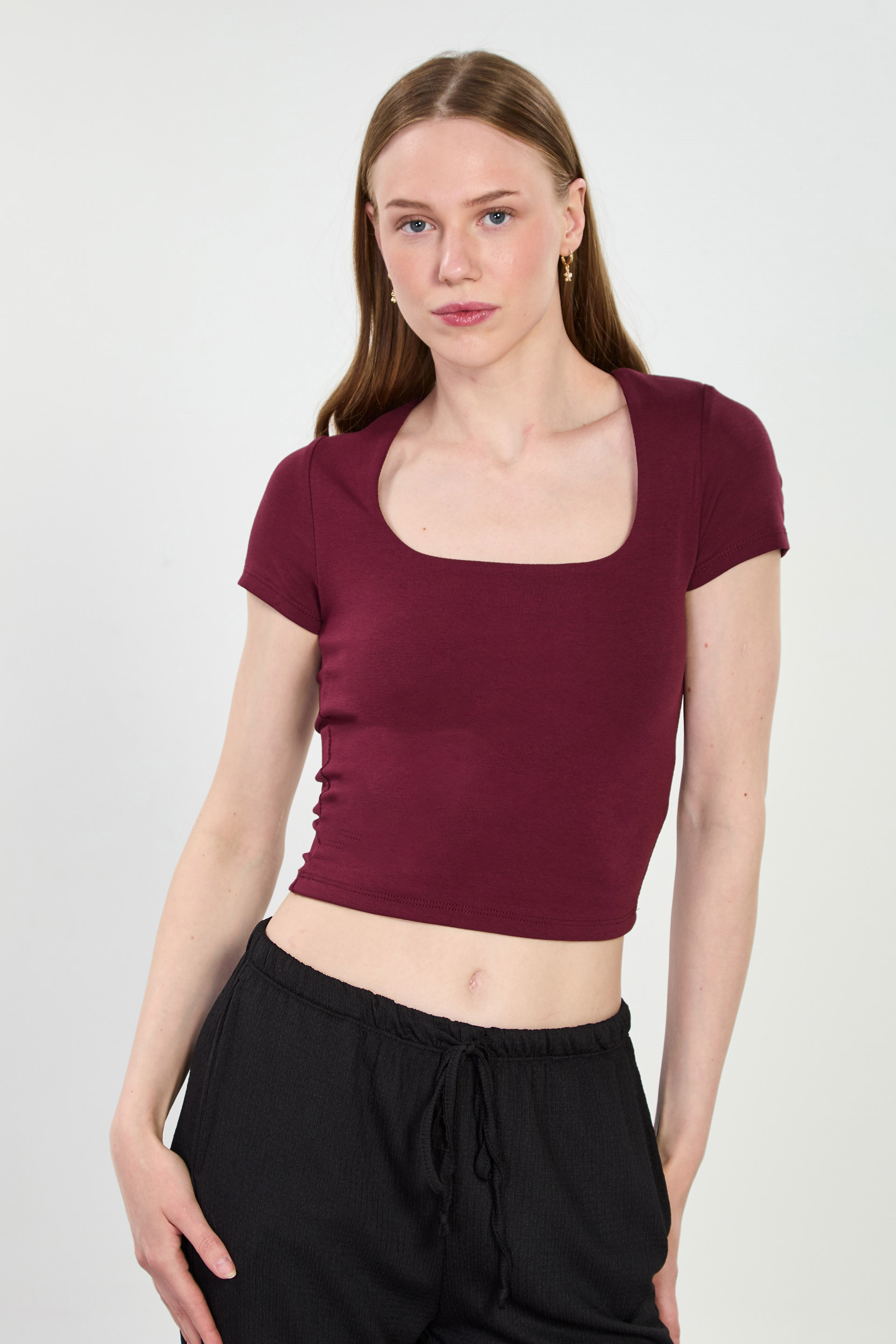 Kadın Kare Yaka Basic Body - Bordo