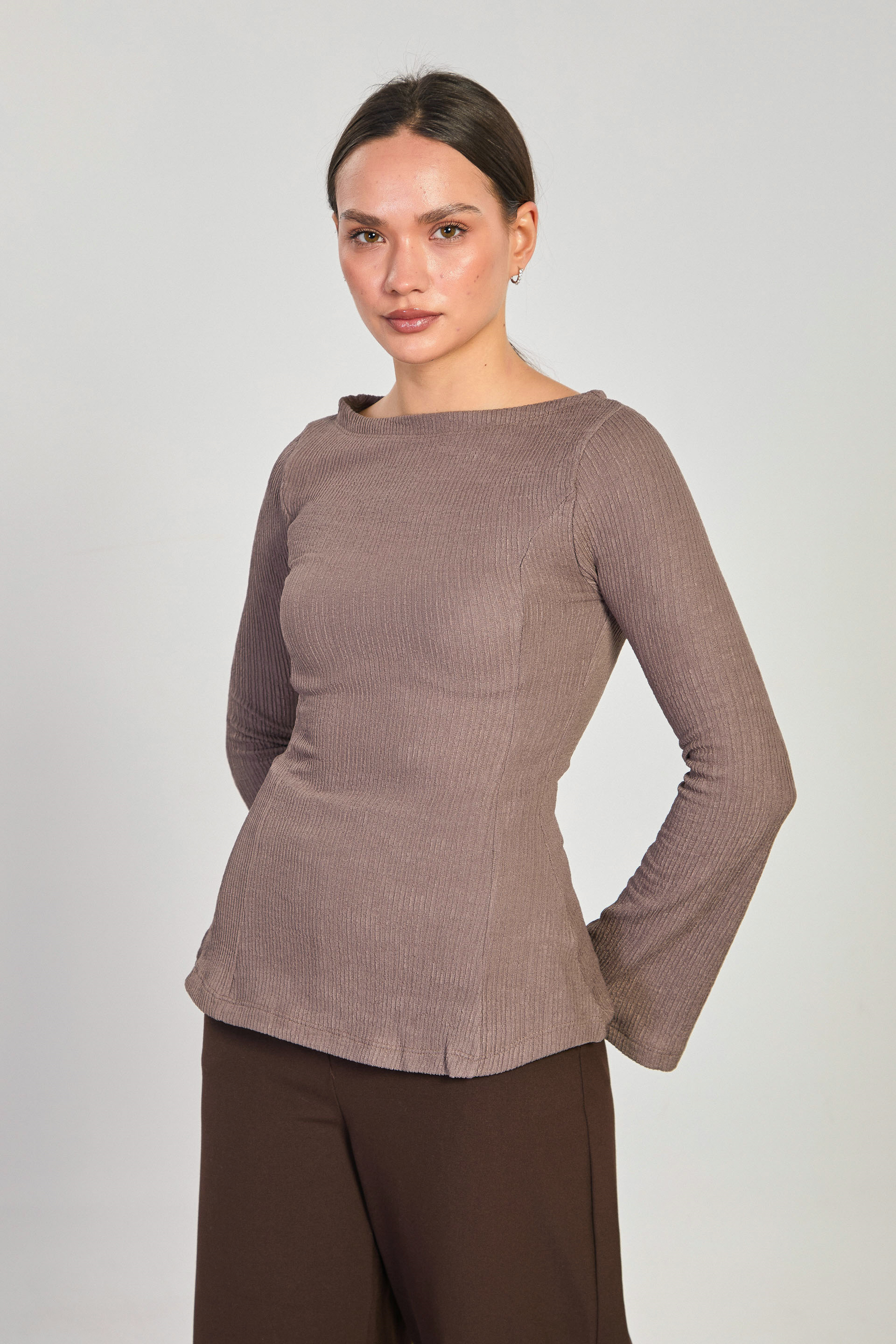 Kadın Kayık Yaka İspanyol Kol Bluz - Toprak