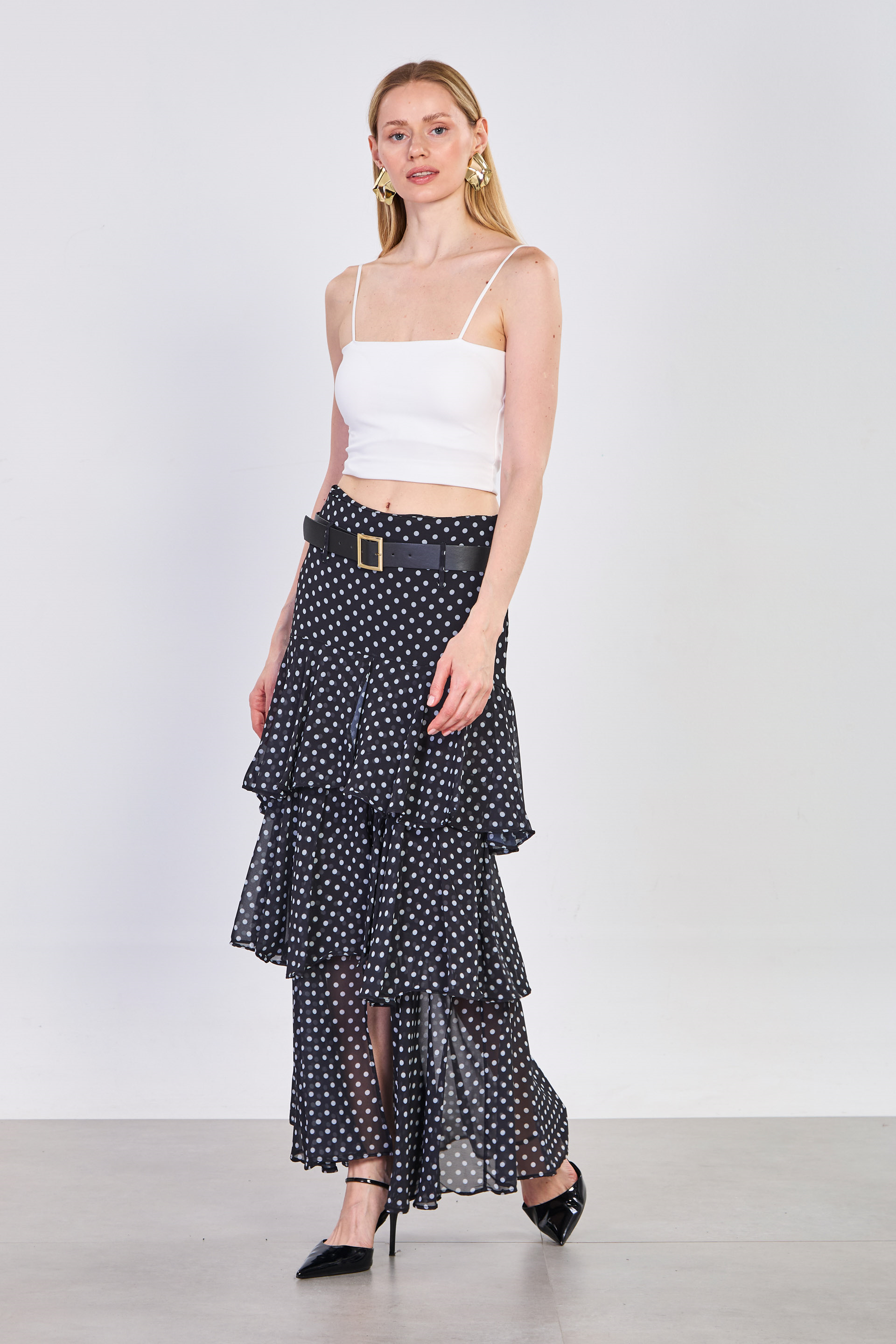 Kadın Kemerli Puantiyeli Fırfırlı Uzun Etek - Siyah