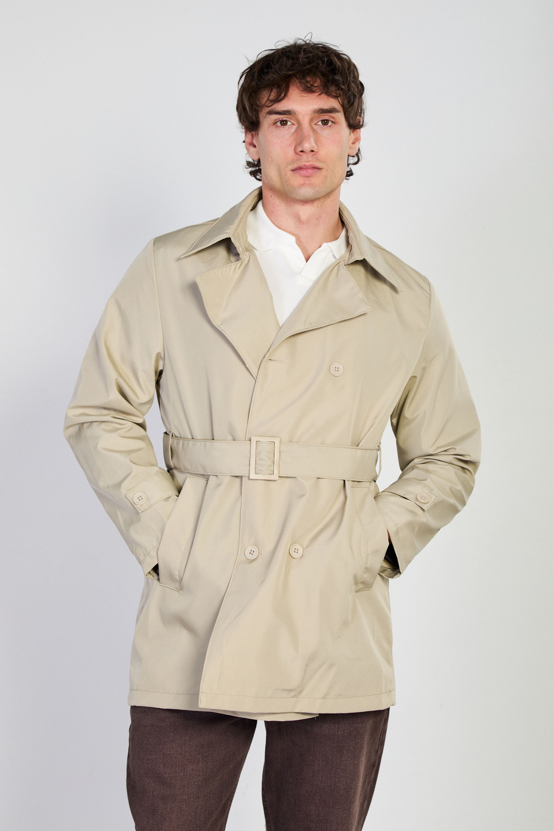 Erkek Beli Kuşaklı Düğmeli Trenç - Ekru