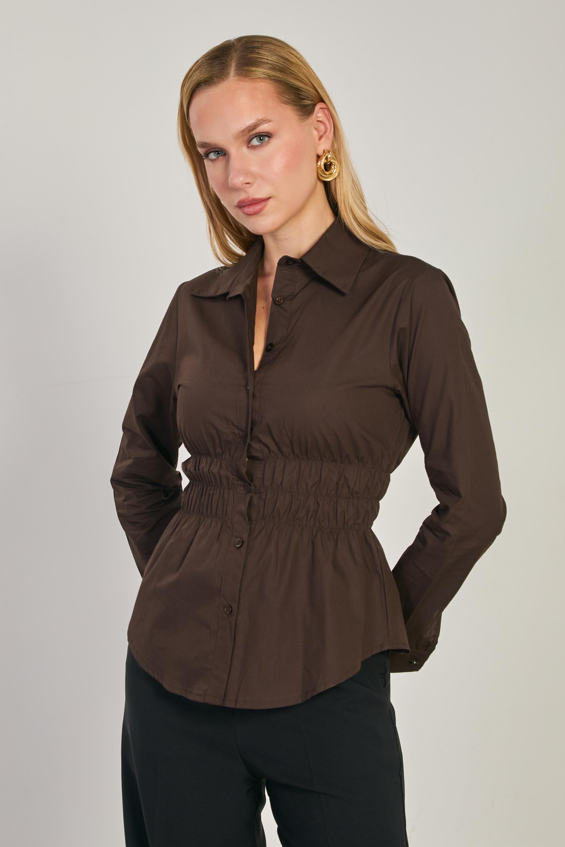 Kadın Beli Lastikli Uzun Kol Gömlek - Kahve