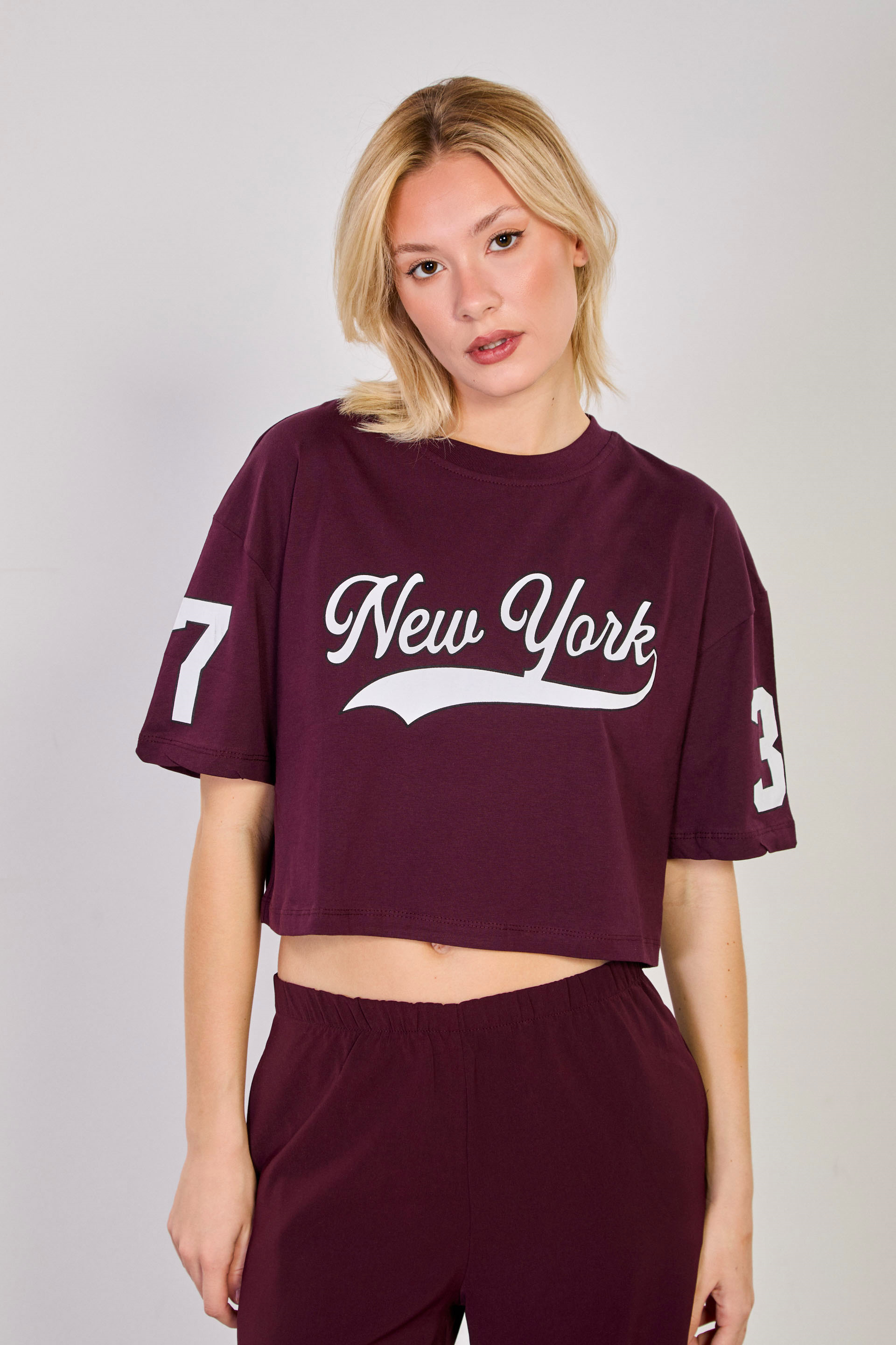 Kadın New York Baskılı Crop T-Shirt - Bordo