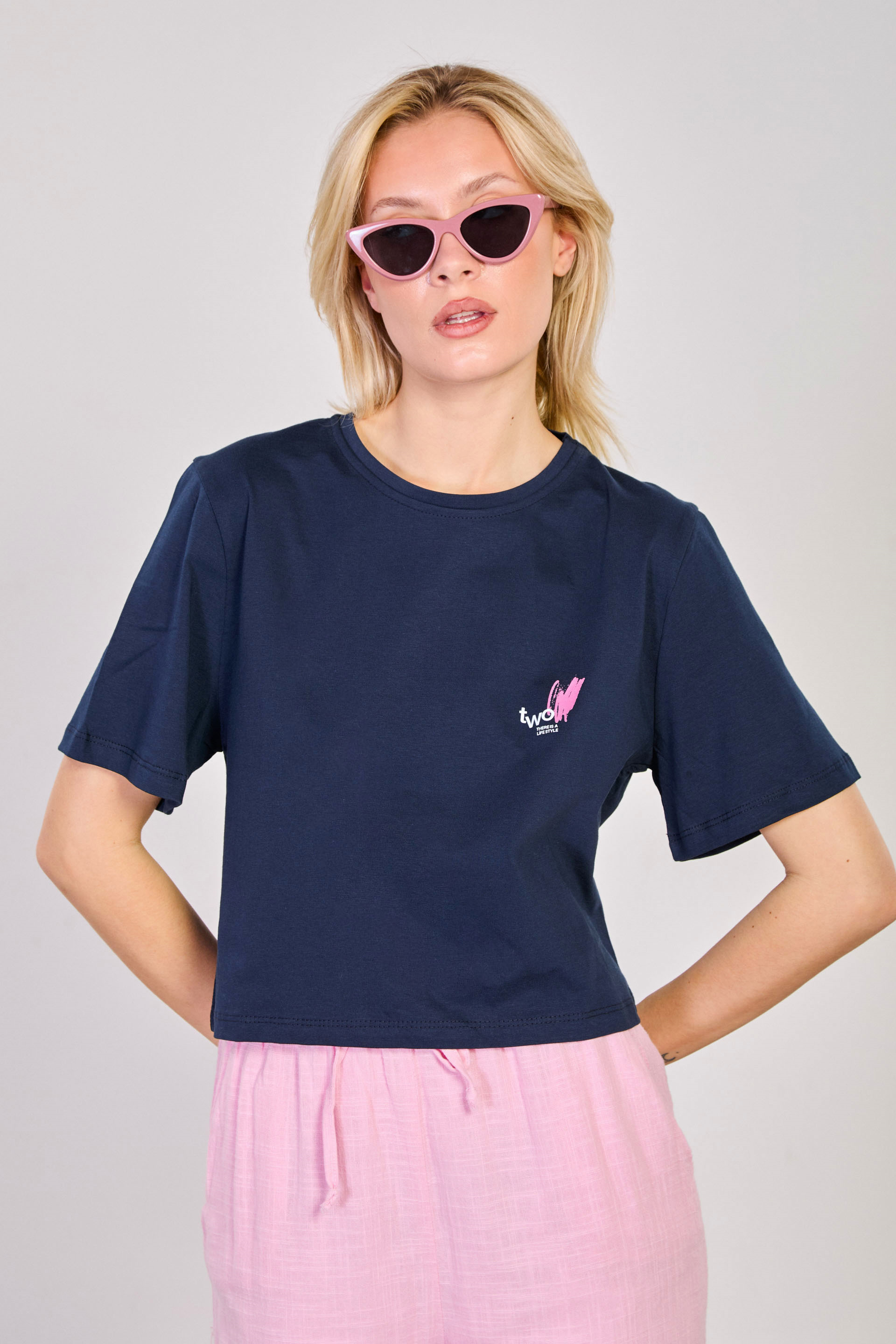 Kadın Two Yazılı Crop T-Shirt - Lacivert/Pembe