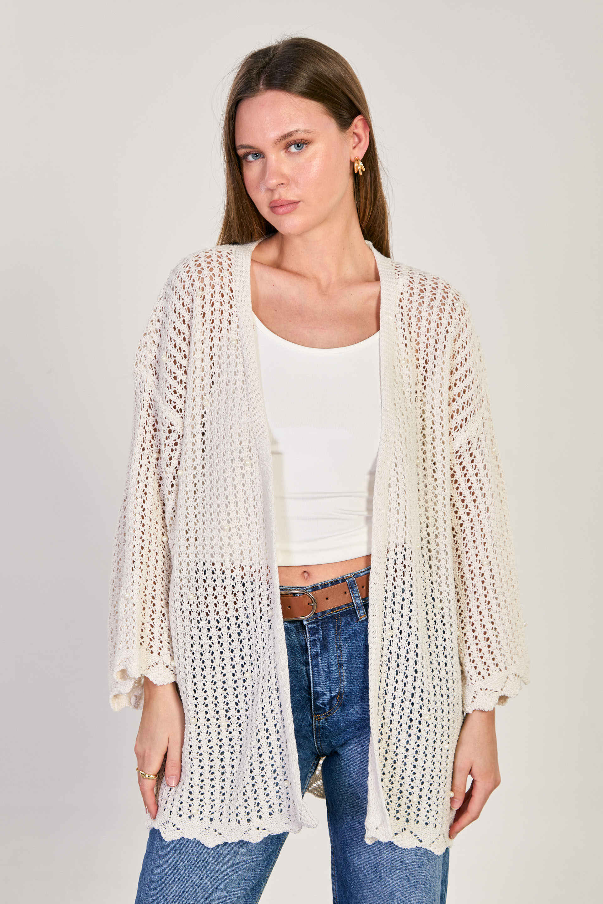 Kadın İncili Uzun Ajurlu Hırka - Natural