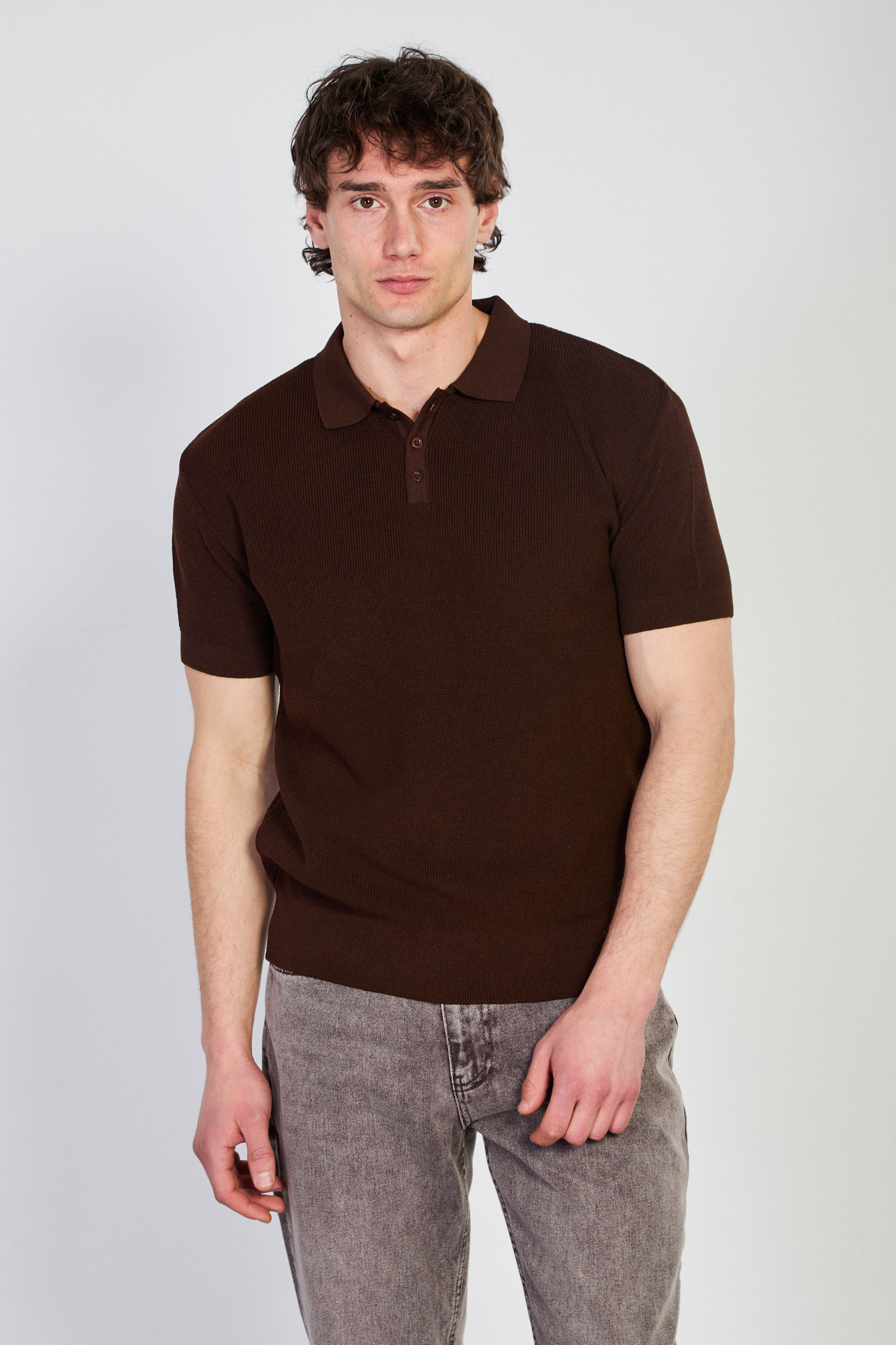 Erkek Düğmeli Polo Yaka Triko T-Shirt - Kahve