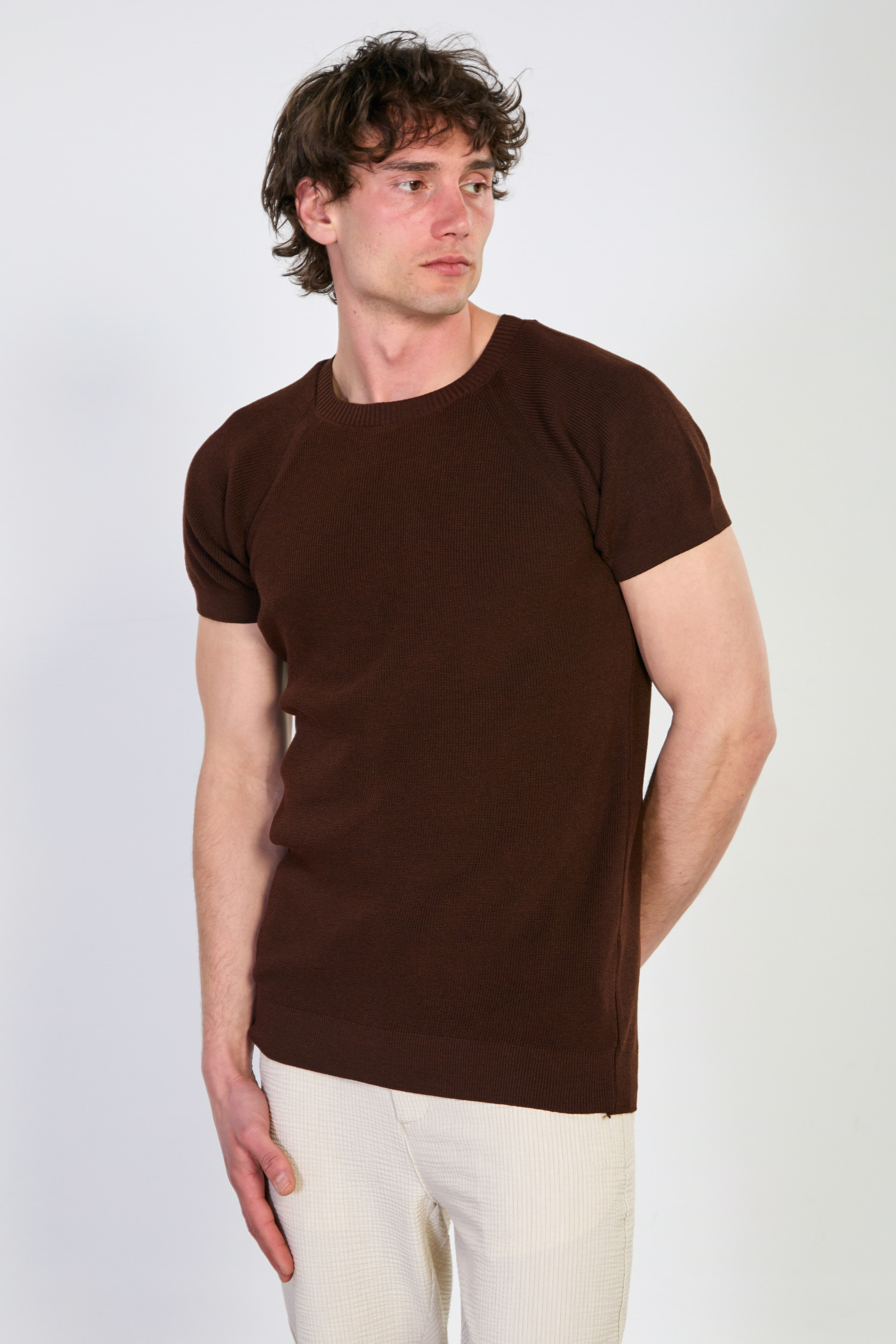 Erkek Yaka Ribanalı Triko T-Shirt - Kahve