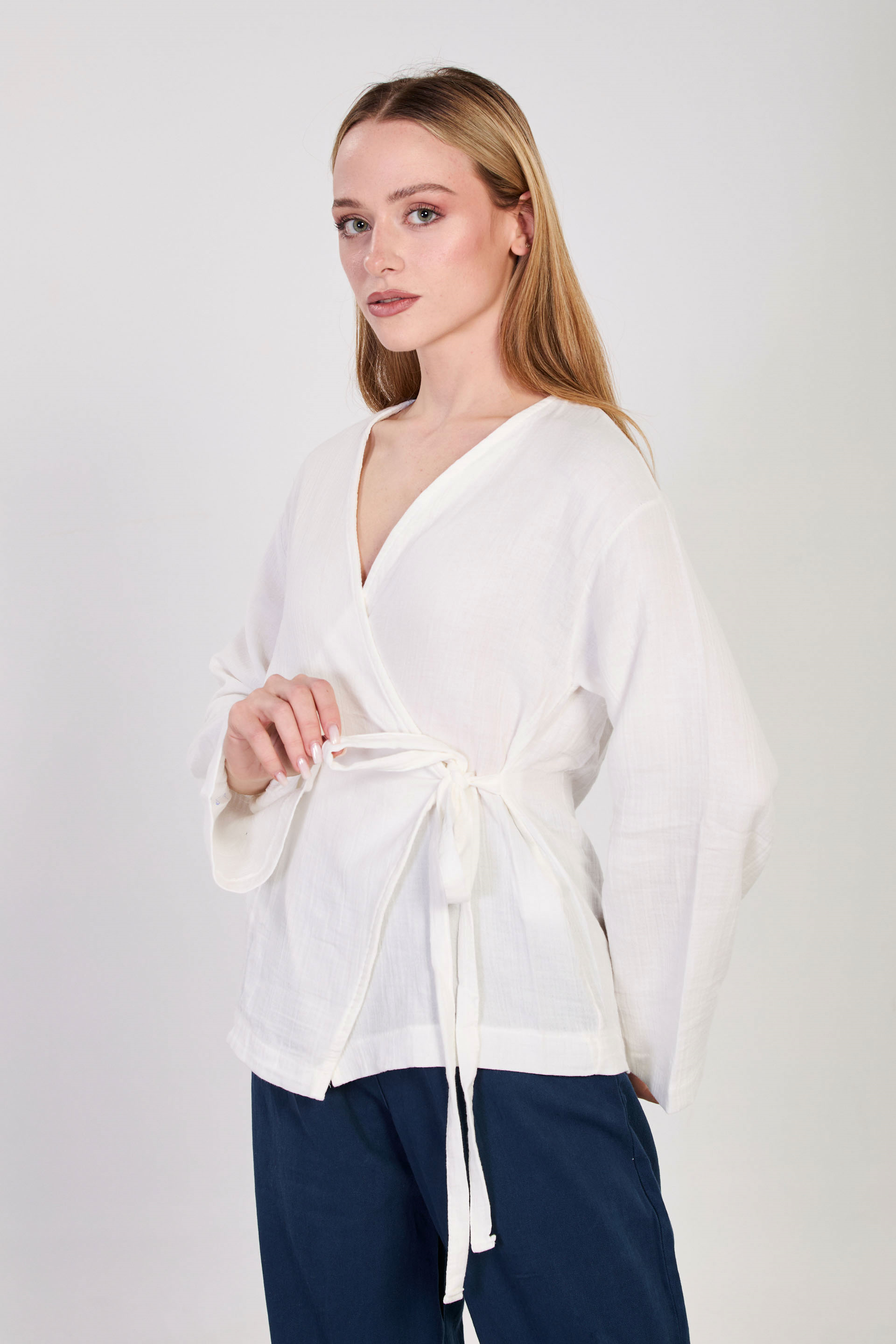 Kadın Kruvaze Yaka Yanı Bağlamalı Kimono - Beyaz