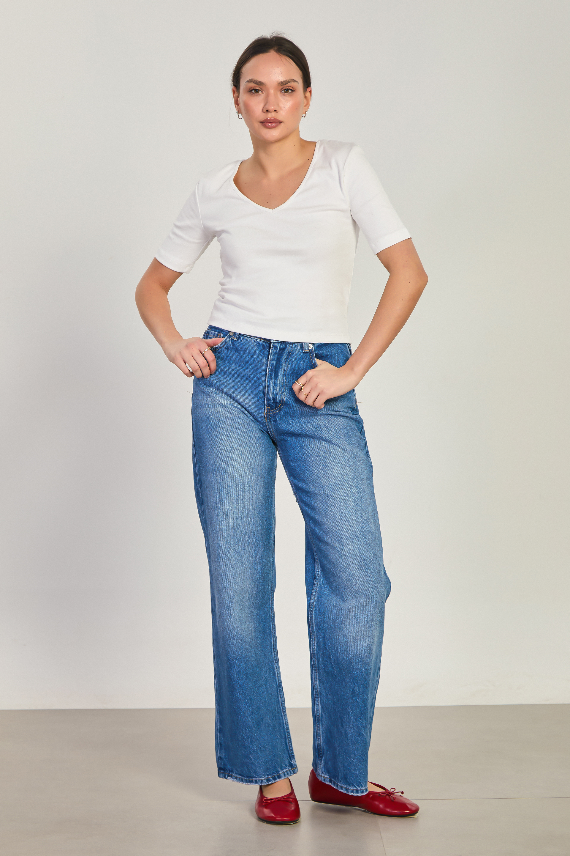 Kadın Yıkamalı Palazzo Jean Pantolon - Mavi