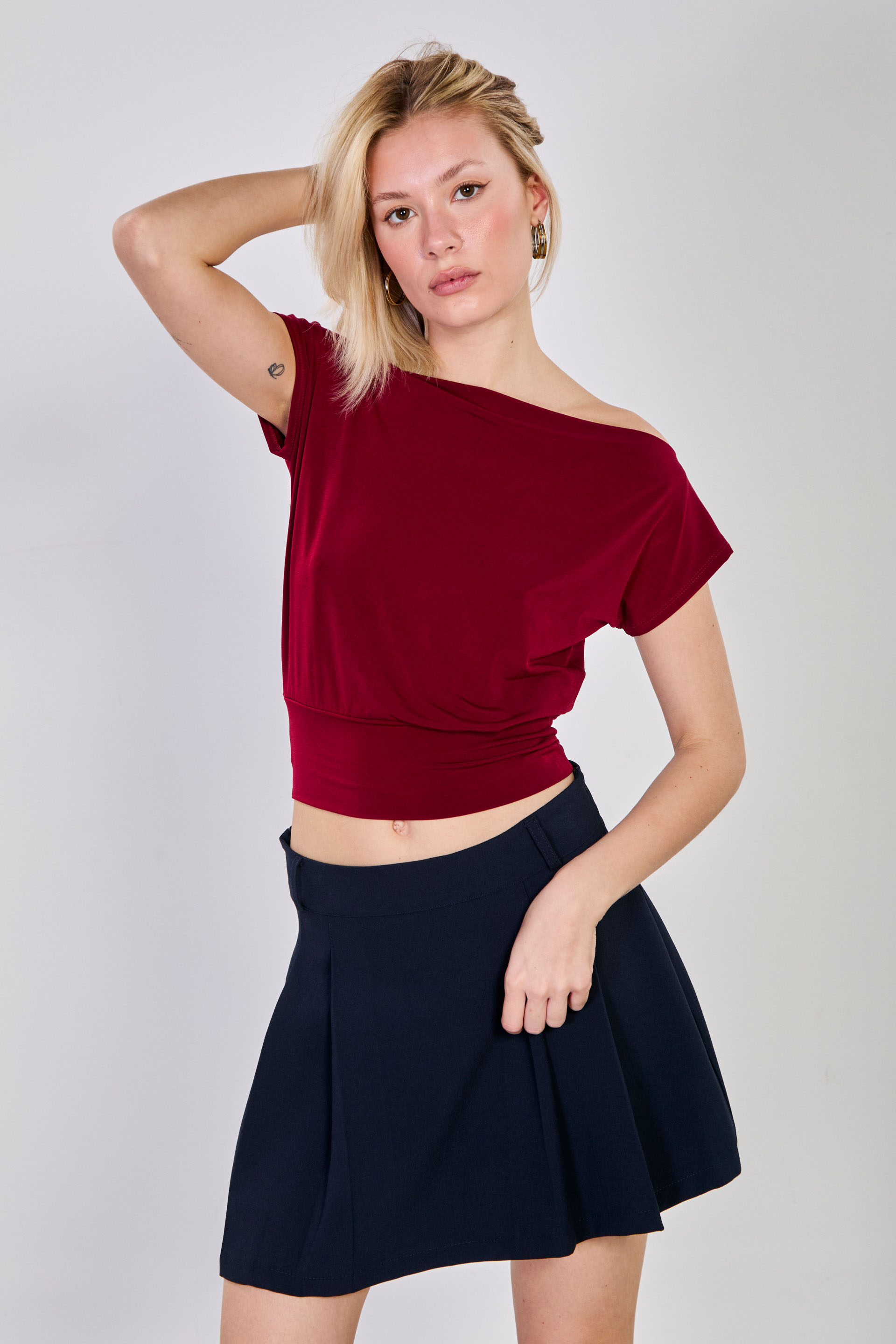 Kadın Kayık Yaka Drapeli Bluz - Mürdüm