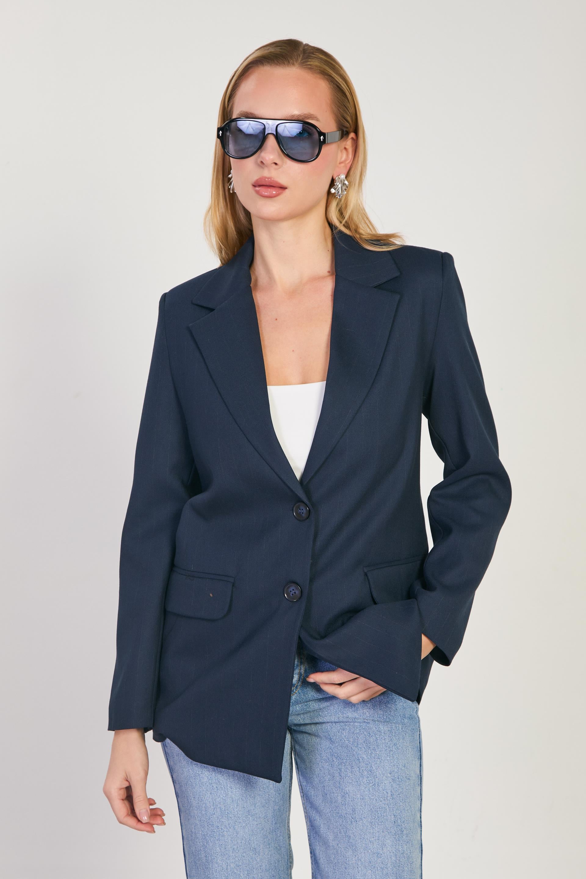 Kadın Çizgili Blazer Ceket - Lacivert