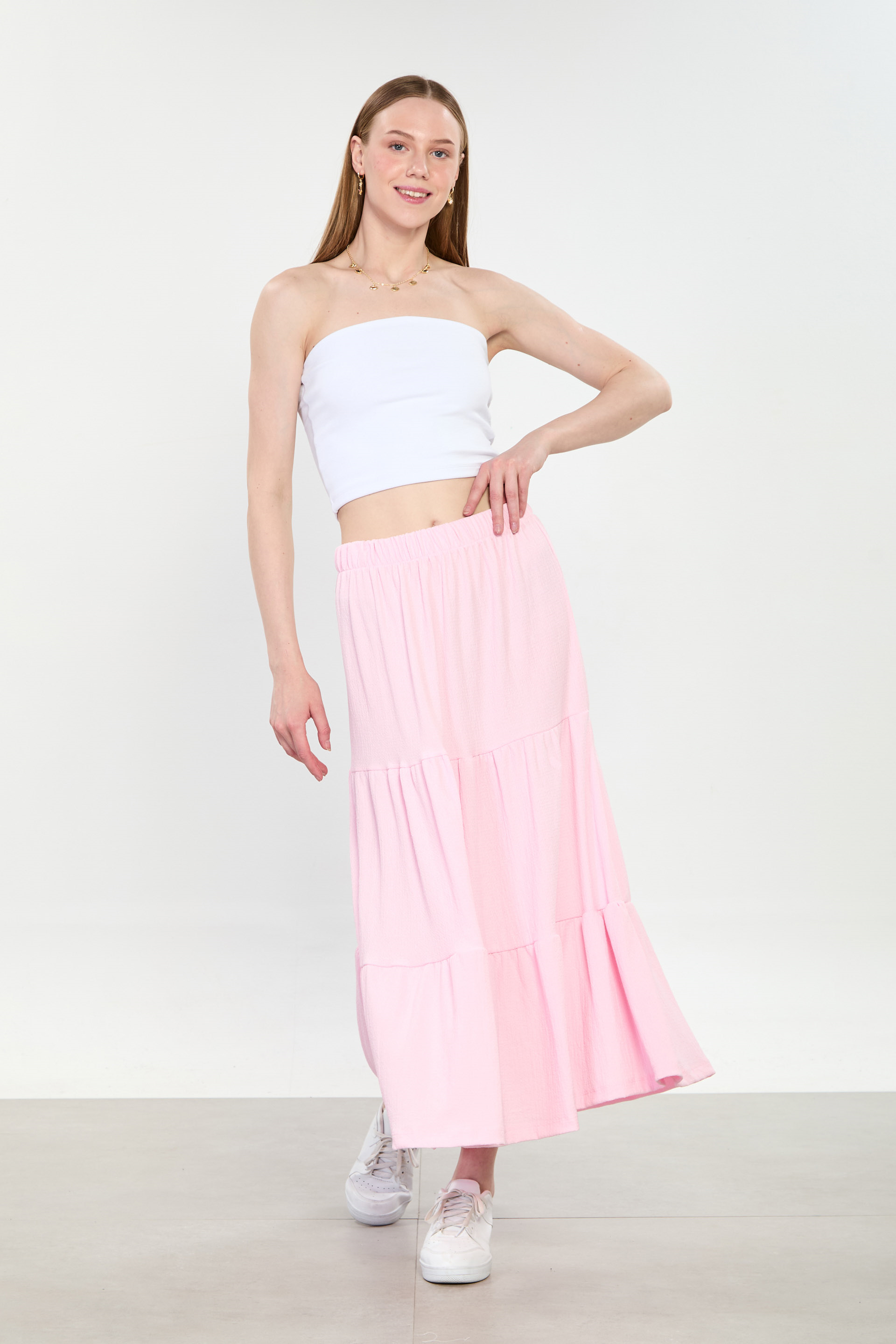 Kadın Parçalı Midi Etek - Pembe
