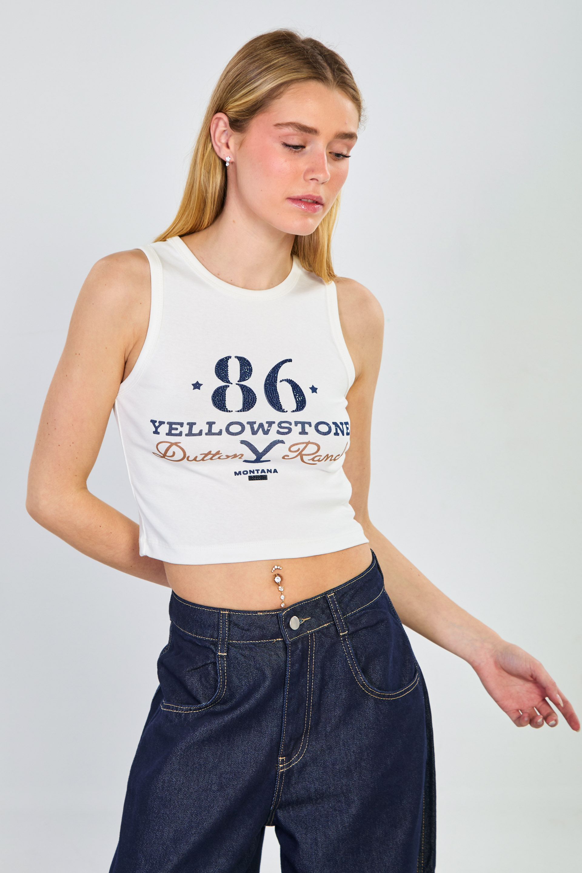 Kadın 86 Yellowstone Yazılı Kolsuz Body - Ekru