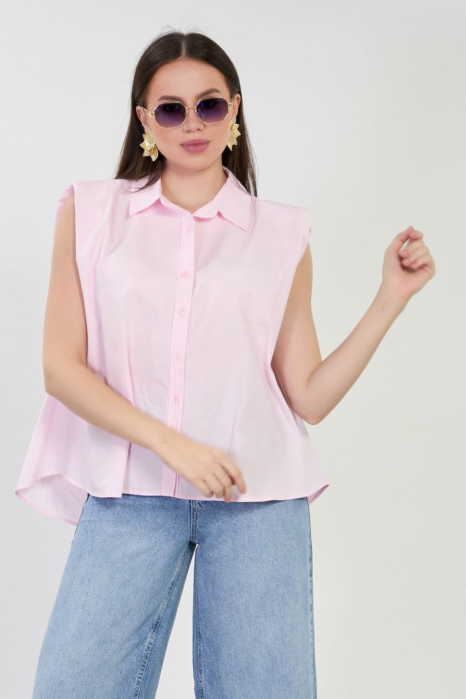 Kadın Vatkalı Kolsuz Gömlek - Açık Pembe