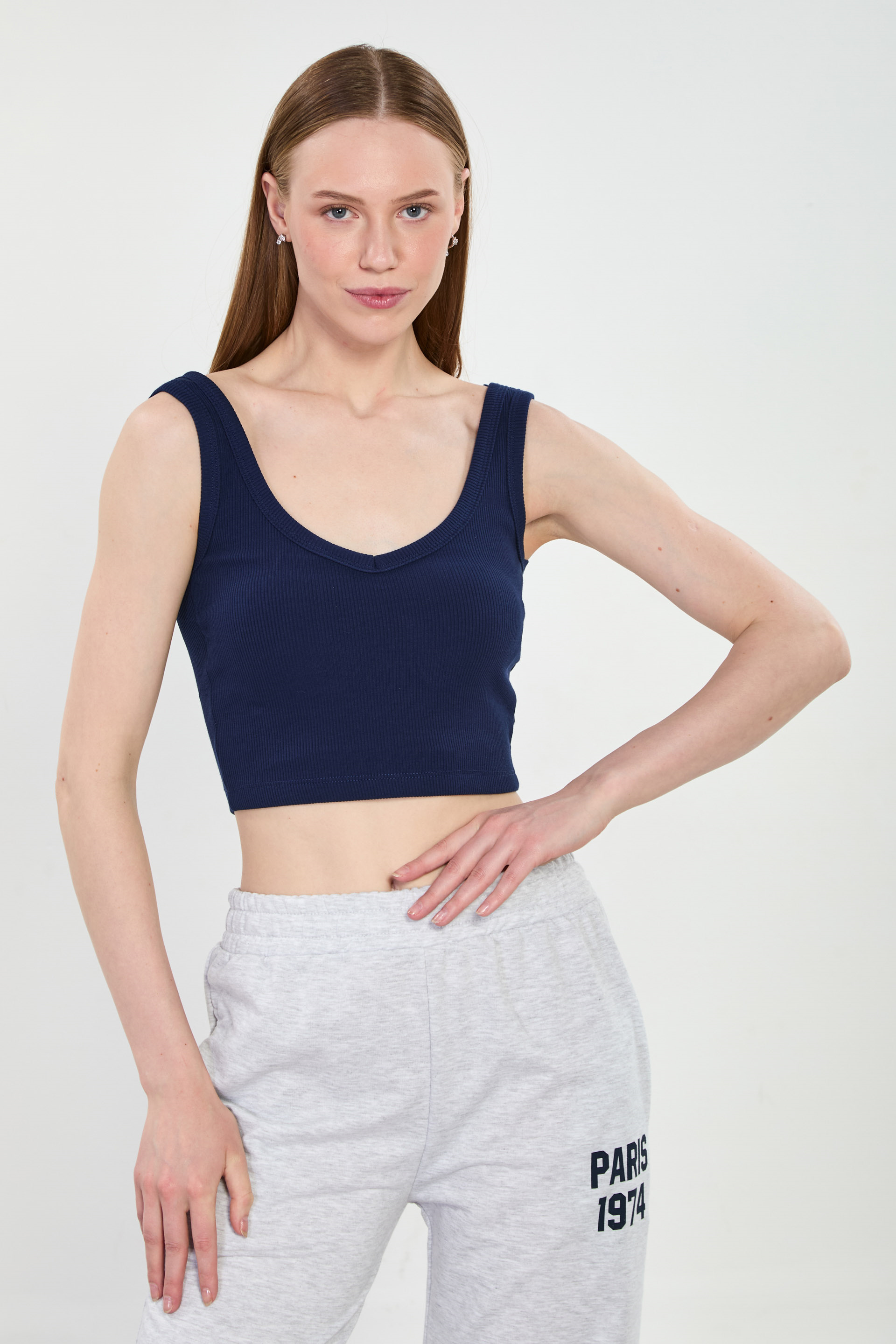 Kadın Kalın Askılı Göğüs Pedli Body - Koyu Lacivert