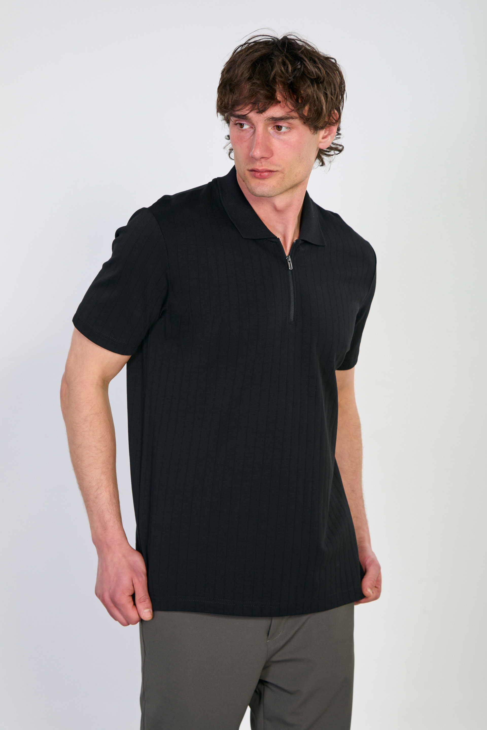 Kalın çizgili polo yaka t-shirt-4058 Siyah