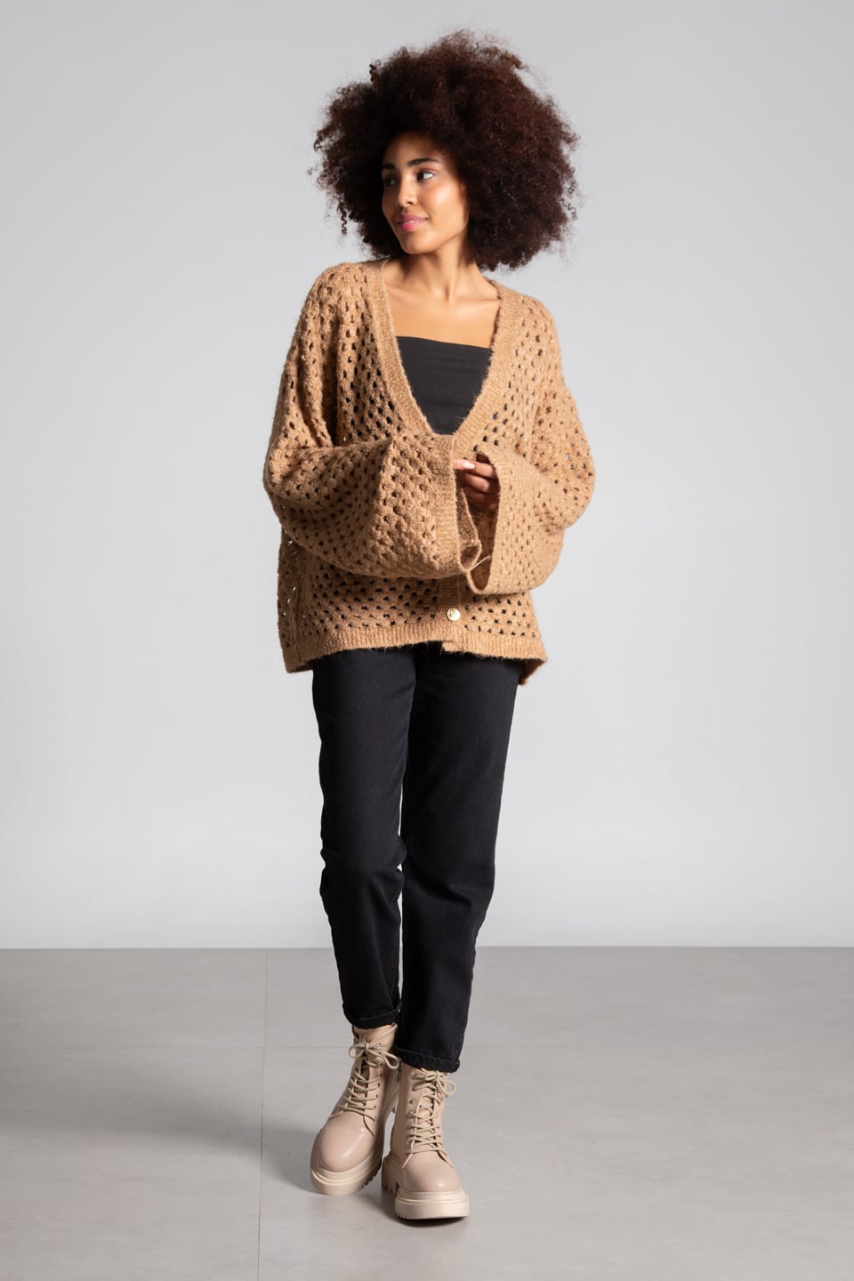 3 düğmeli ajurlu hırka-4055 Camel