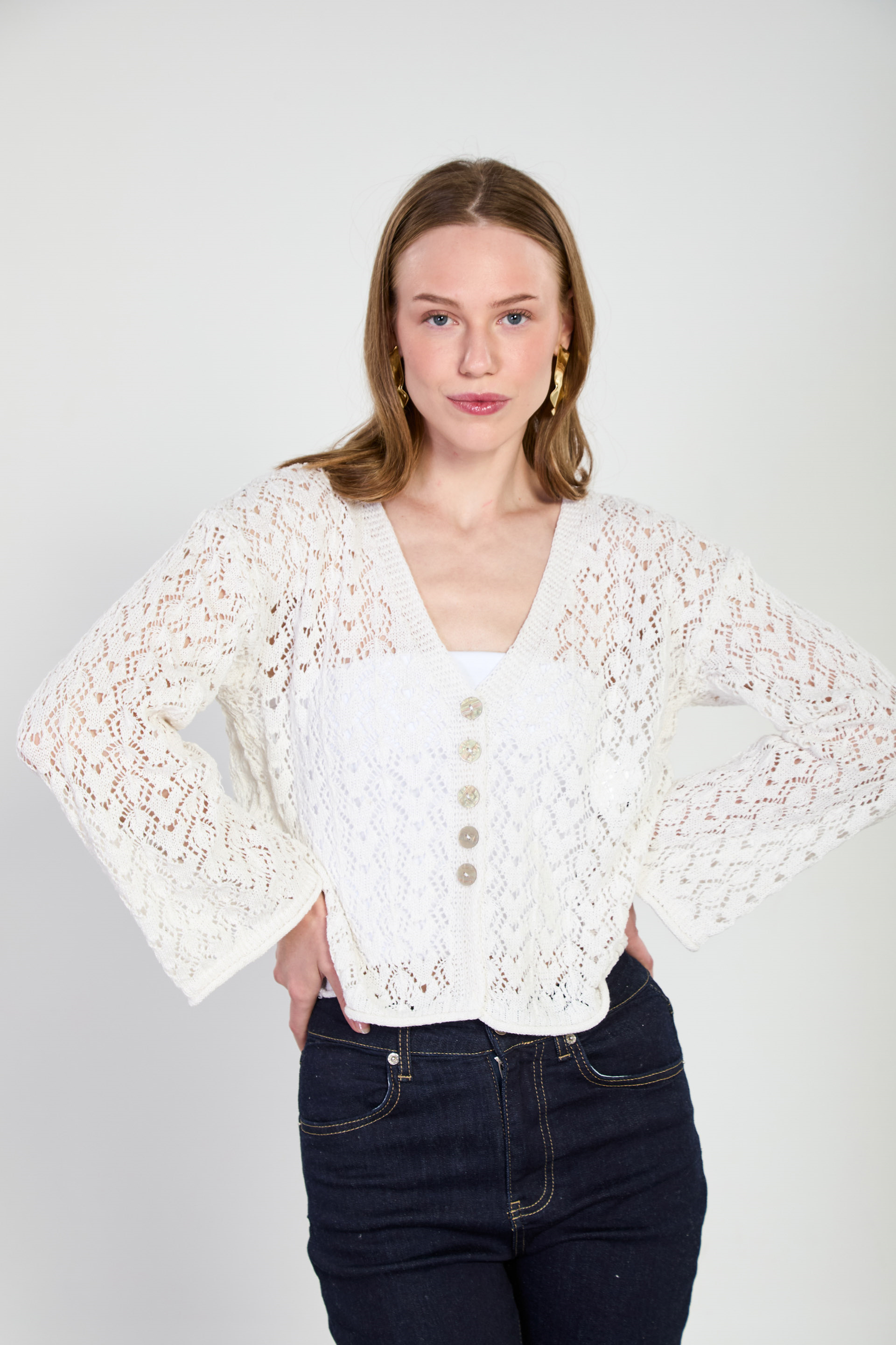 Kadın 5 Düğmeli Ajurlu Hırka - Natural