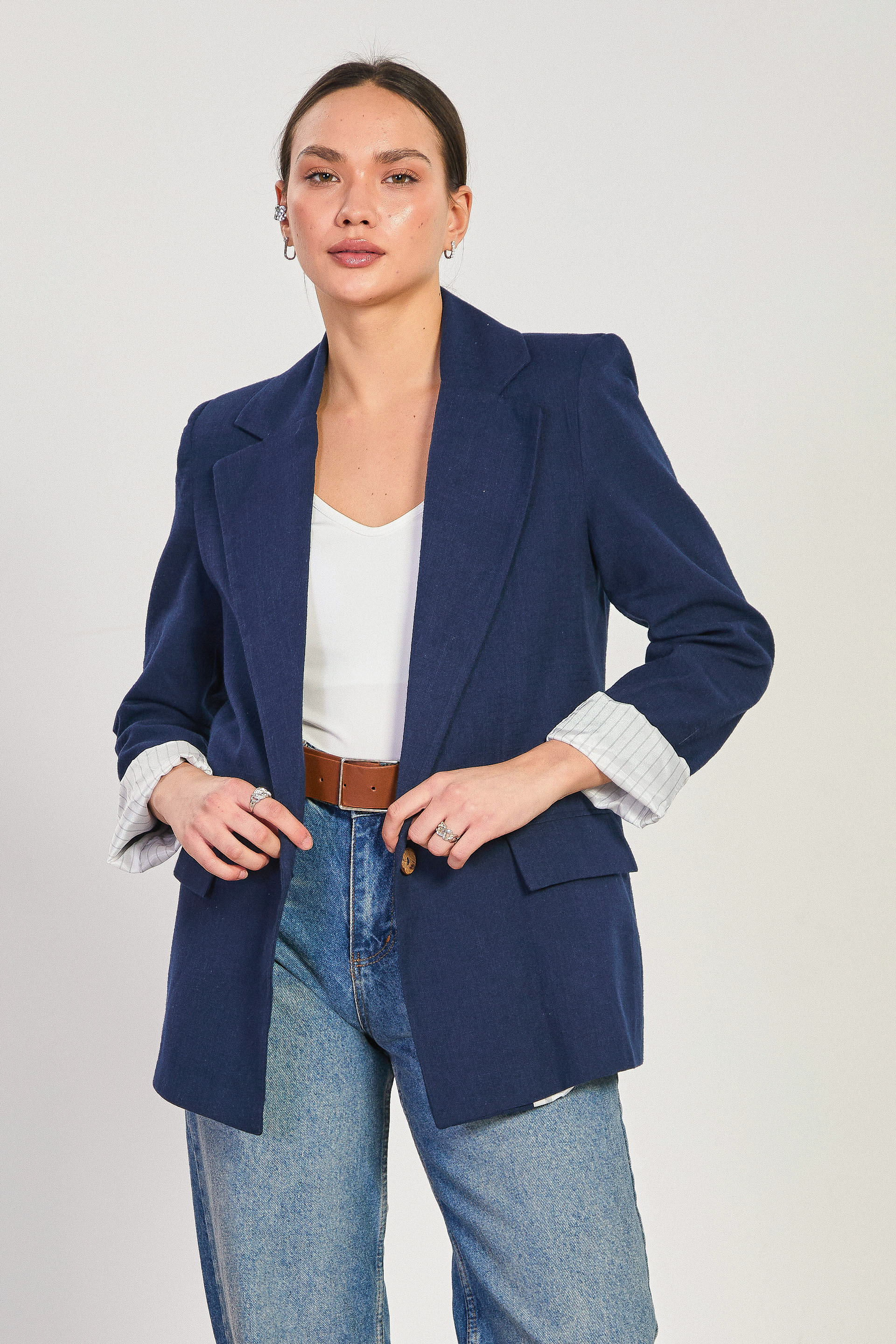 Kadın Kolları Çizgili Keten Blazer Ceket - Lacivert
