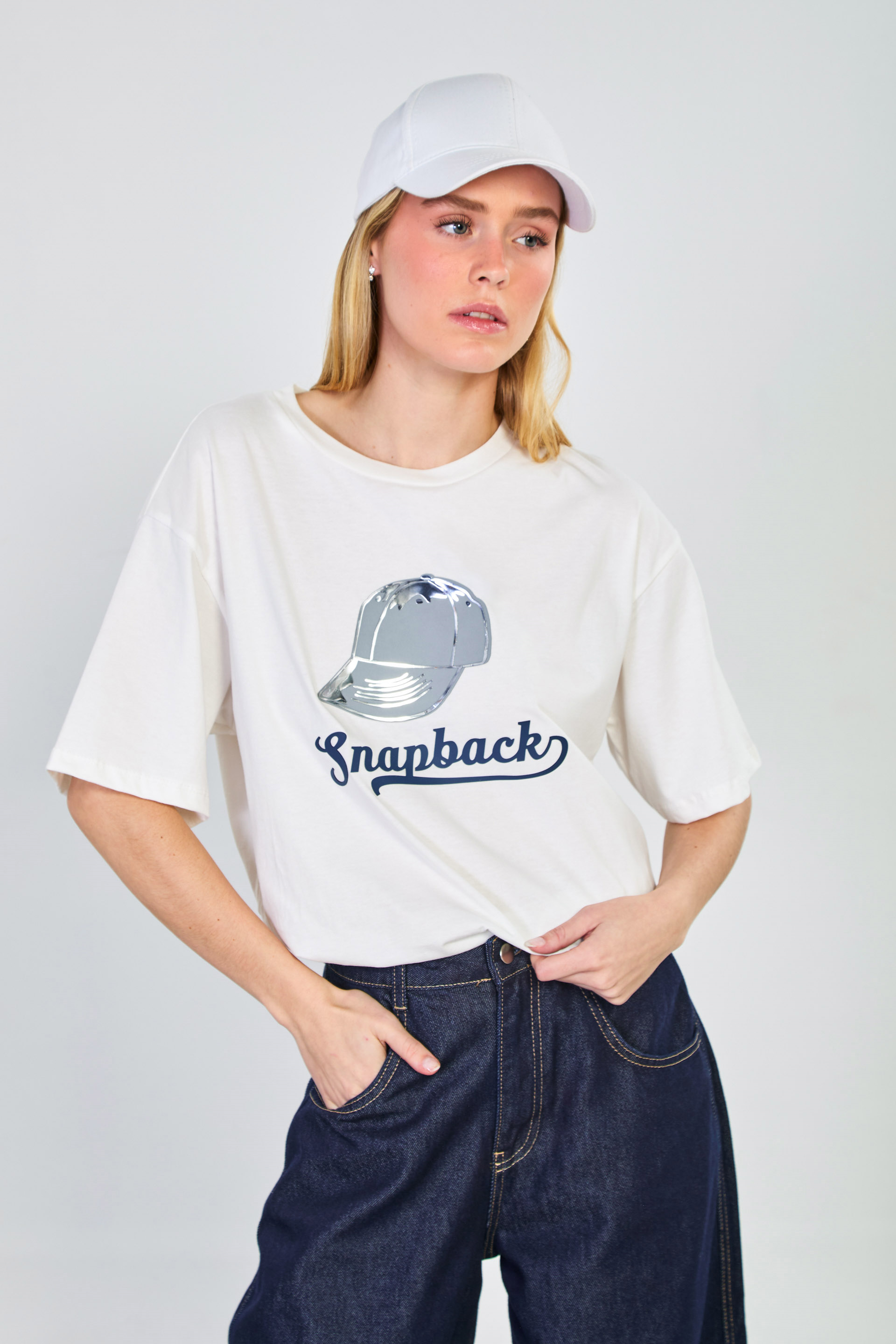 Kadın Snapback Baskılı T-Shirt - Ekru