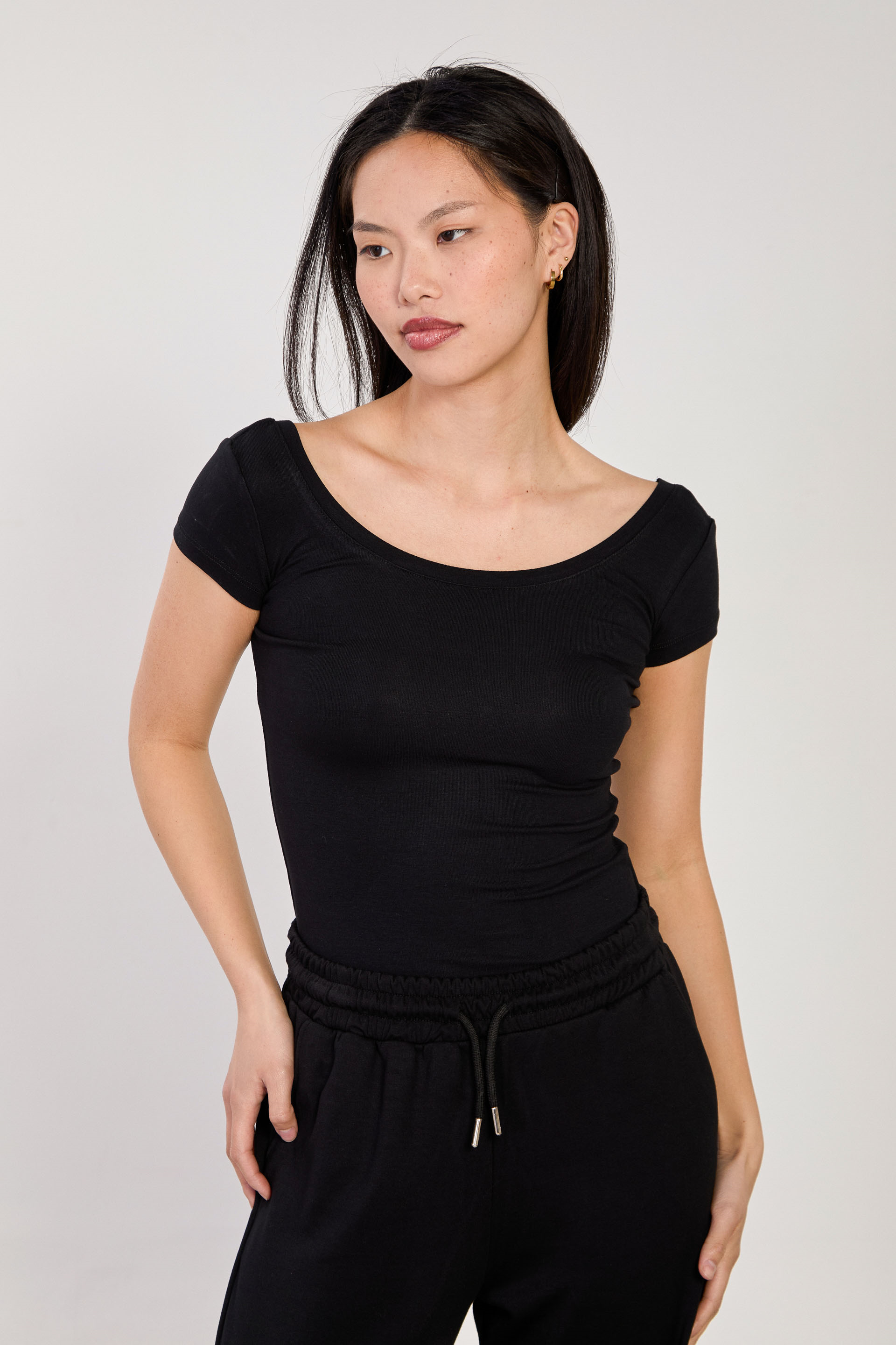 Kadın Ön Arka Açık Yaka Basic Kısa Kol Body - Siyah