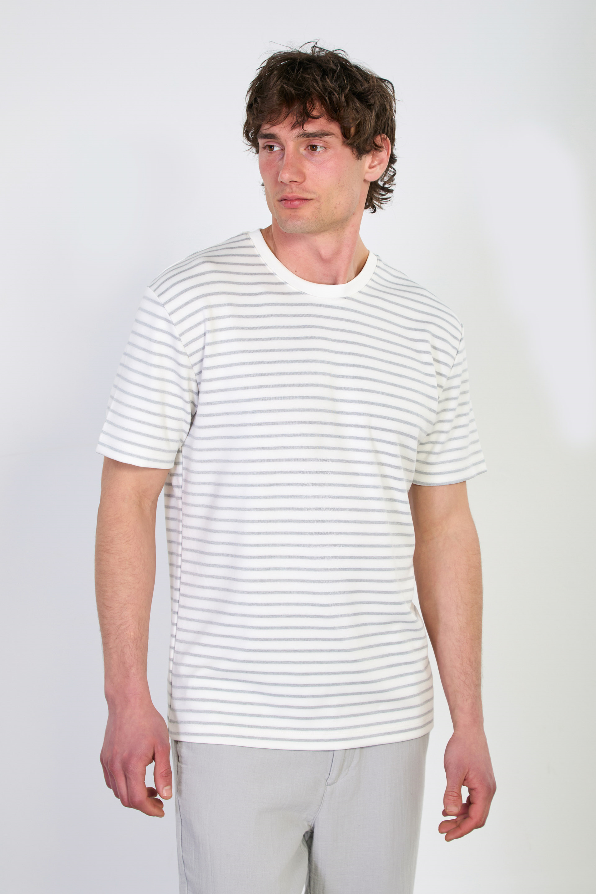 Erkek Çizgili Bisiklet Yaka T-Shirt - Beyaz/Gri