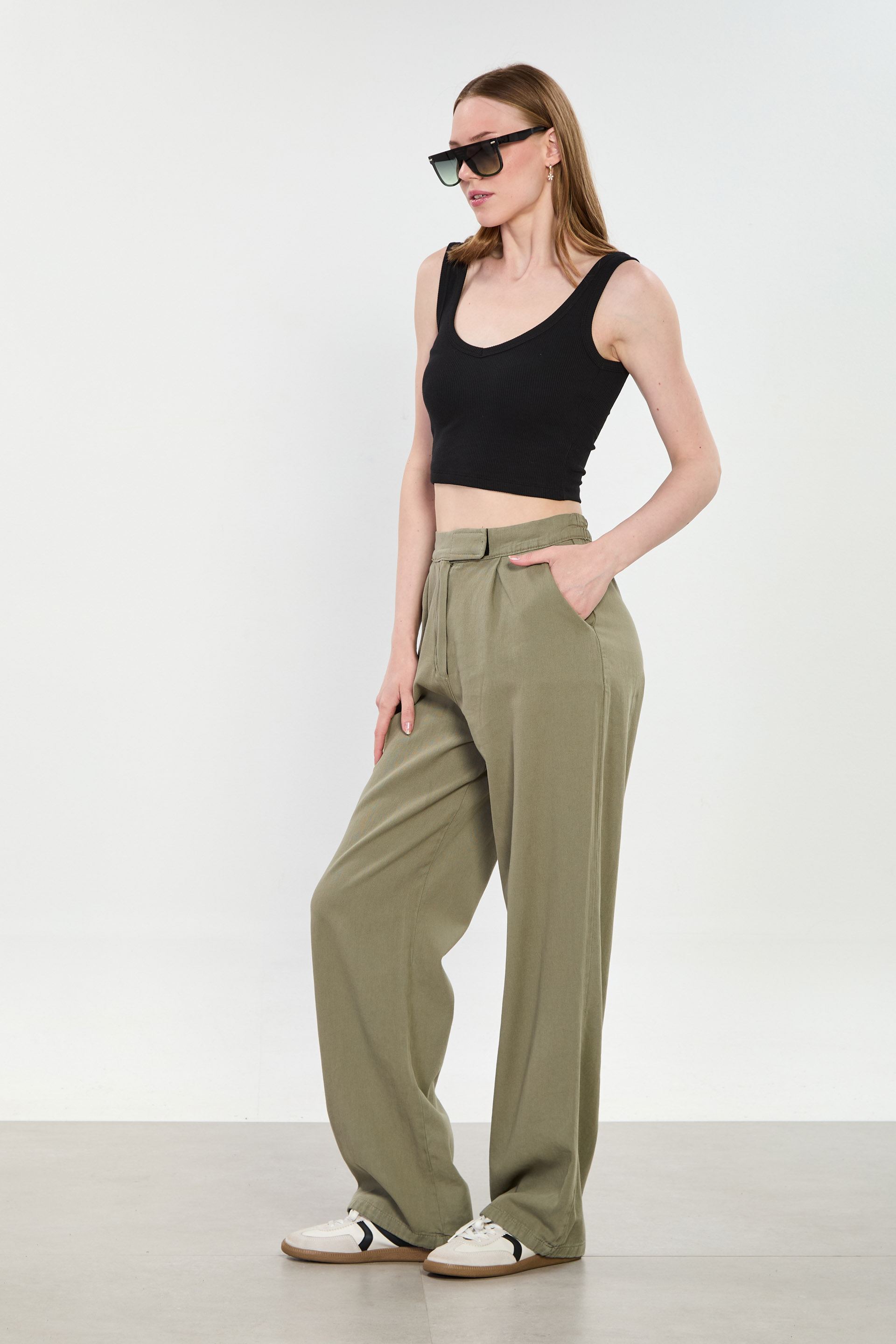 Kadın Beli Cırtlı Palazzo Pantolon - Haki