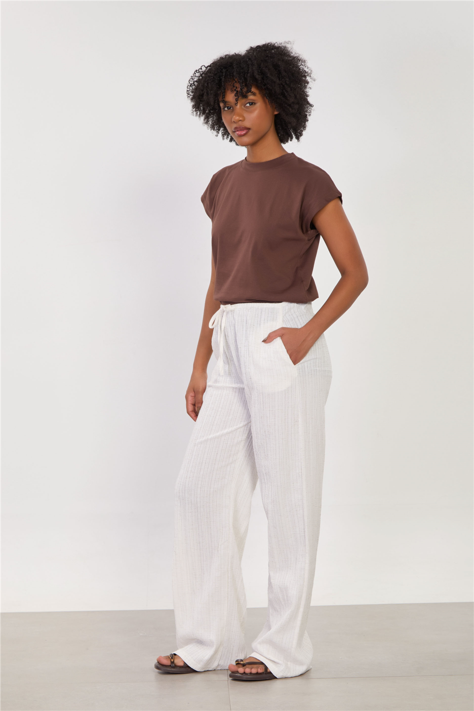 Kadın Beli Lastikli Kırınkıl Bol Pantolon - Natural