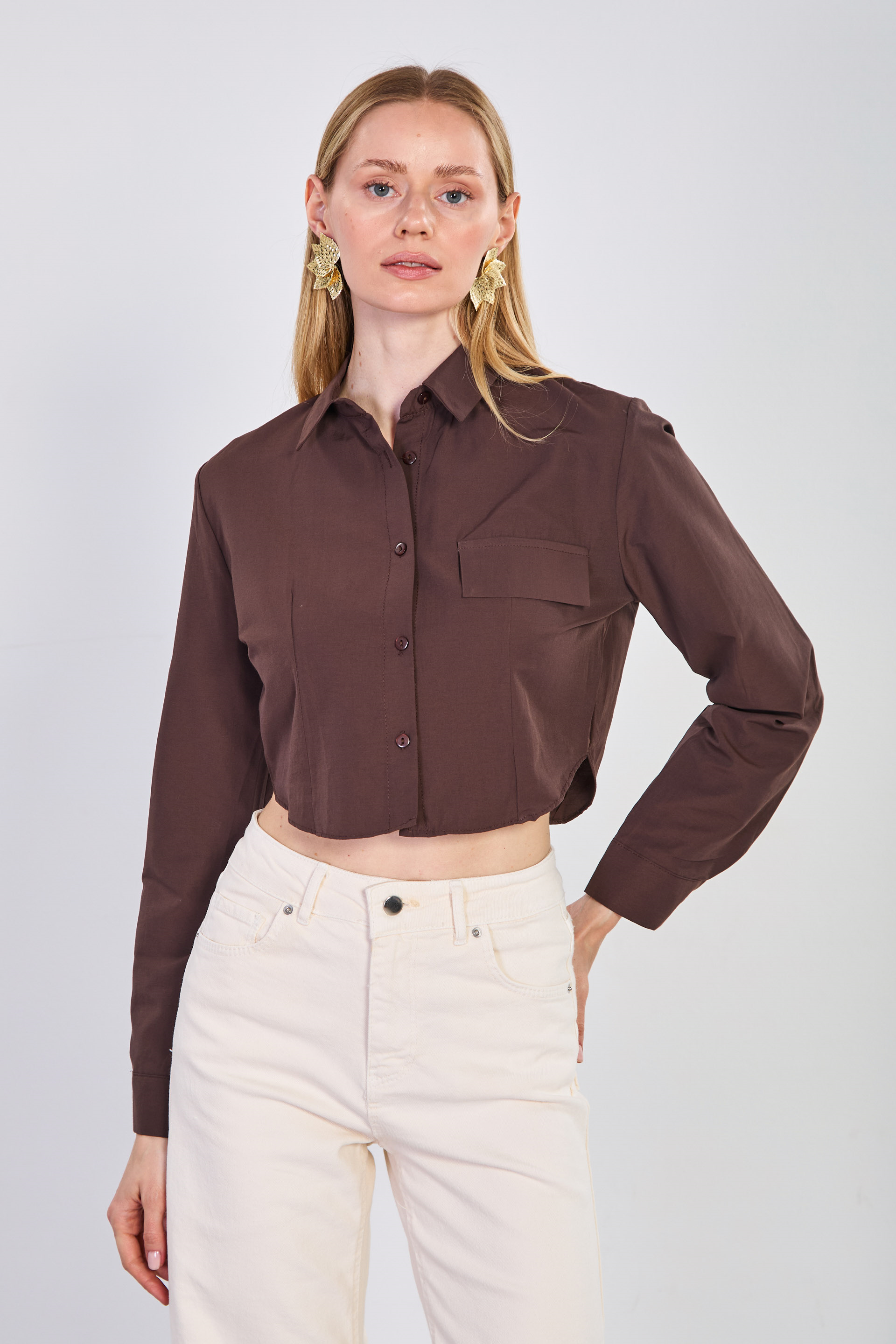 Kadın Cep Kapaklı Crop Gömlek - Acı Kahve