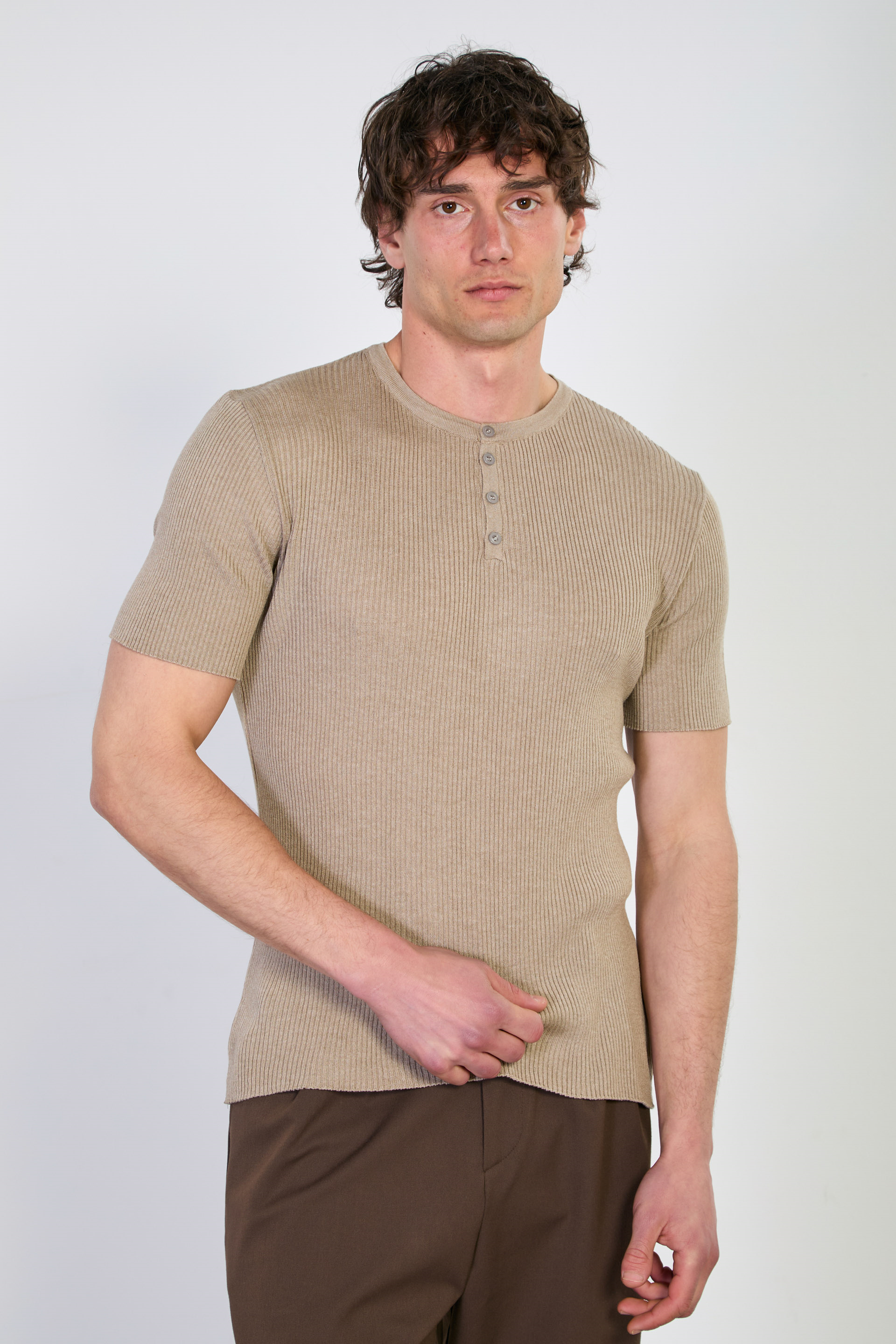 Erkek Düğmeli Kaşkorse Triko T-Shirt - Vizon