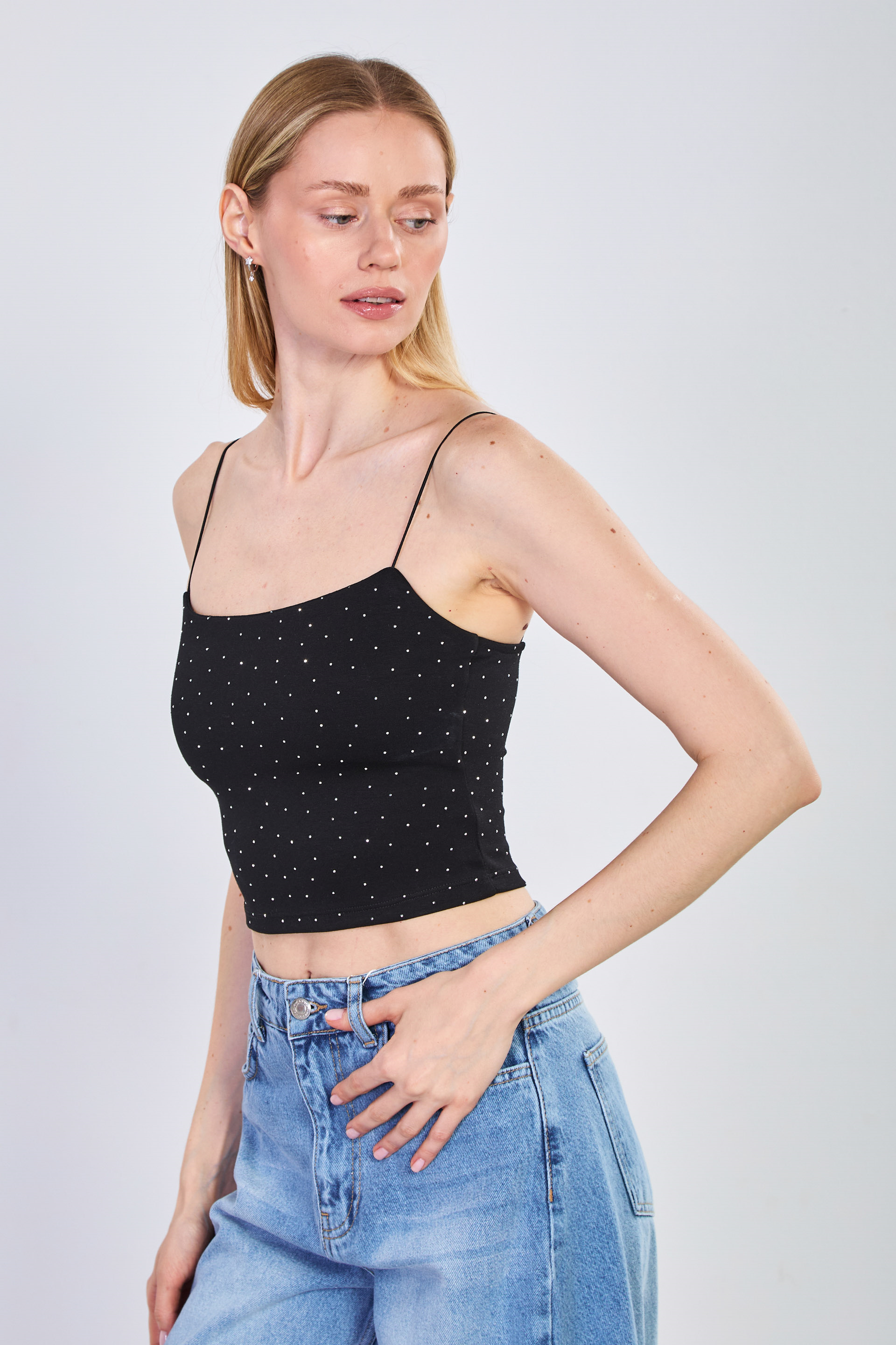 Kadın Taşlı İp Askılı Crop Atlet - Siyah