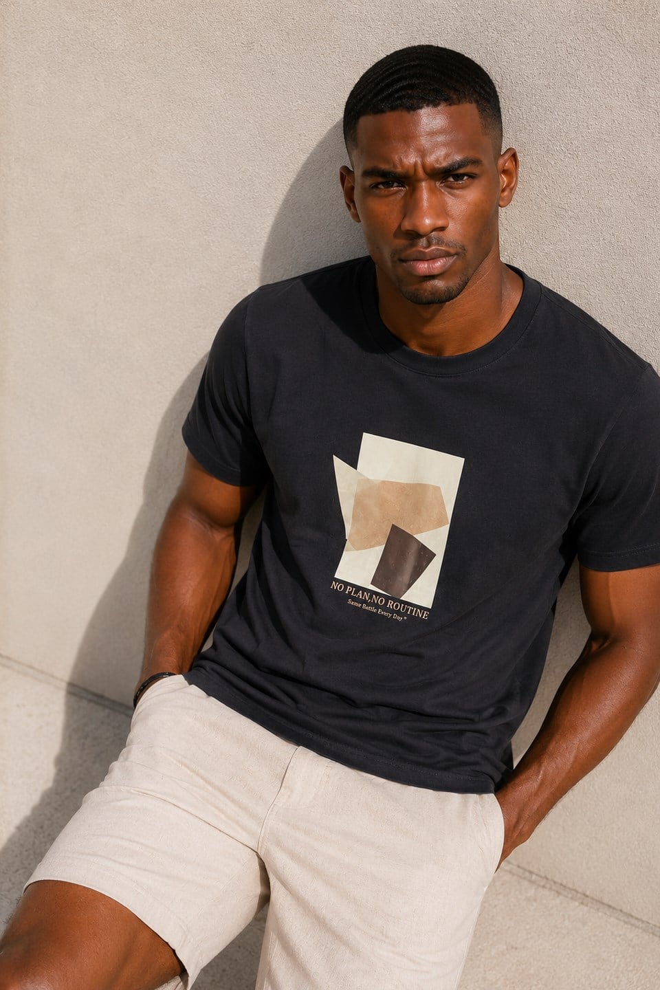Erkek Geometrik Baskılı T-Shirt - Siyah